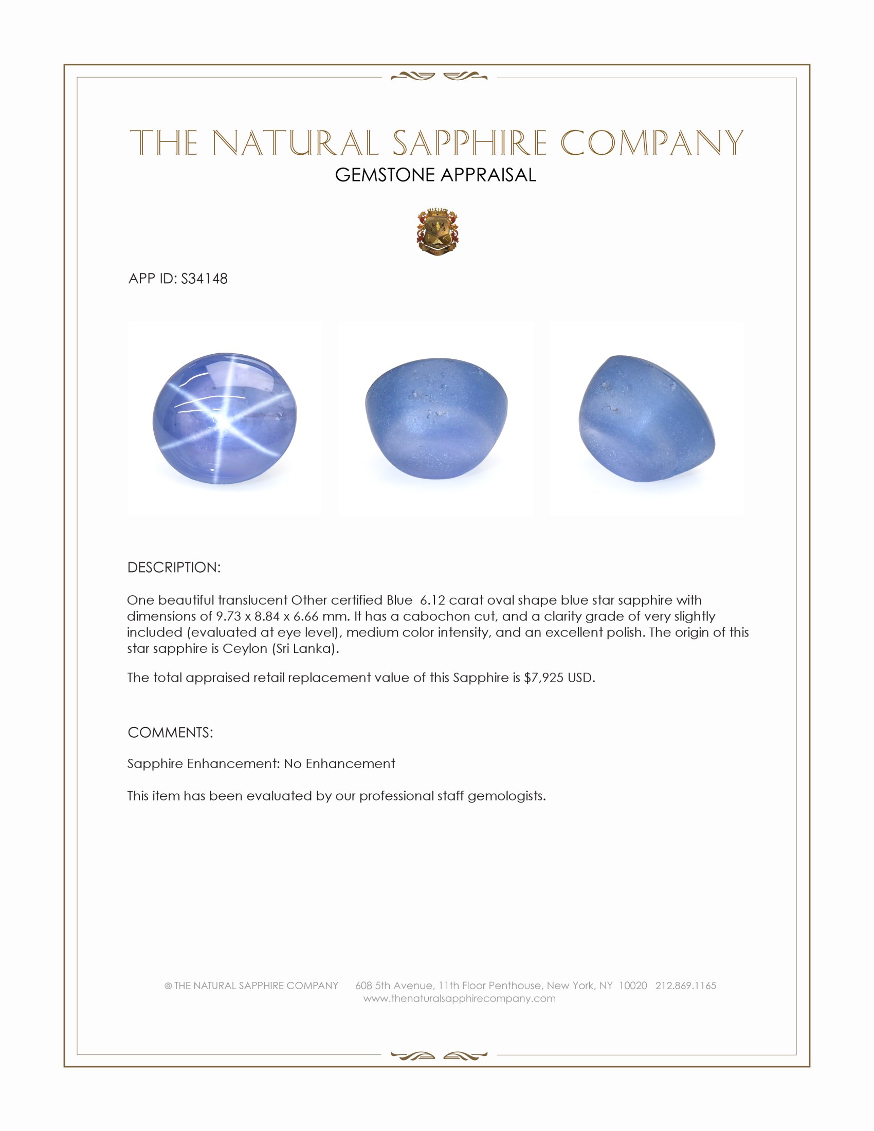 6.12 Ct. Blue Star Sapphire from Ceylon (Sri Lanka)