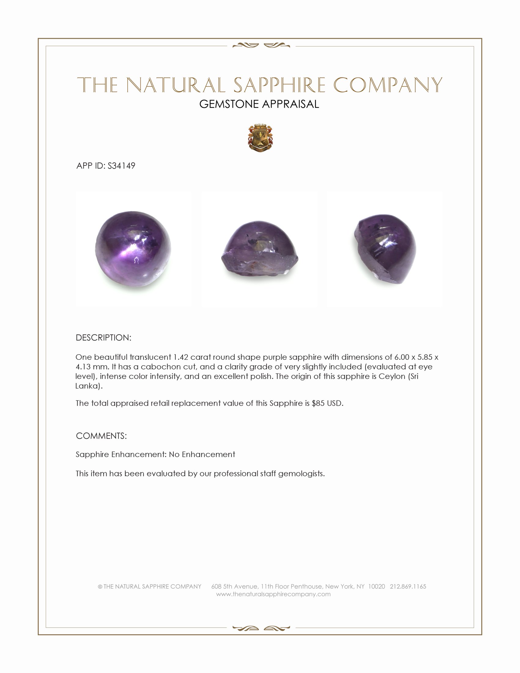 1.42 Ct. Purple Cabochon Sapphire from Ceylon (Sri Lanka)