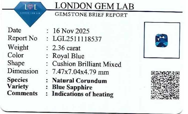 2.36 Ct. Blue Sapphire from Ceylon (Sri Lanka)