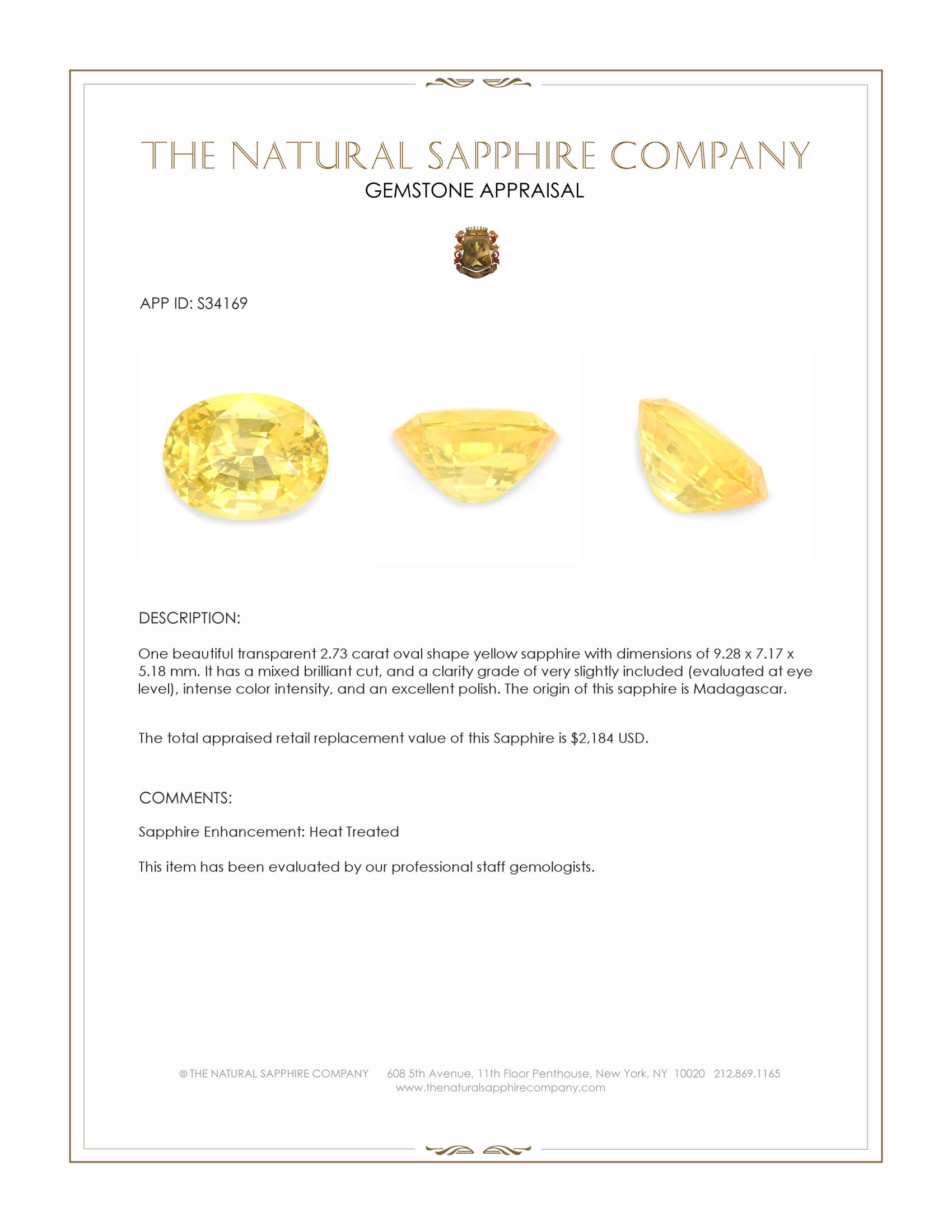 2.73 Ct. Yellow Sapphire from Madagascar