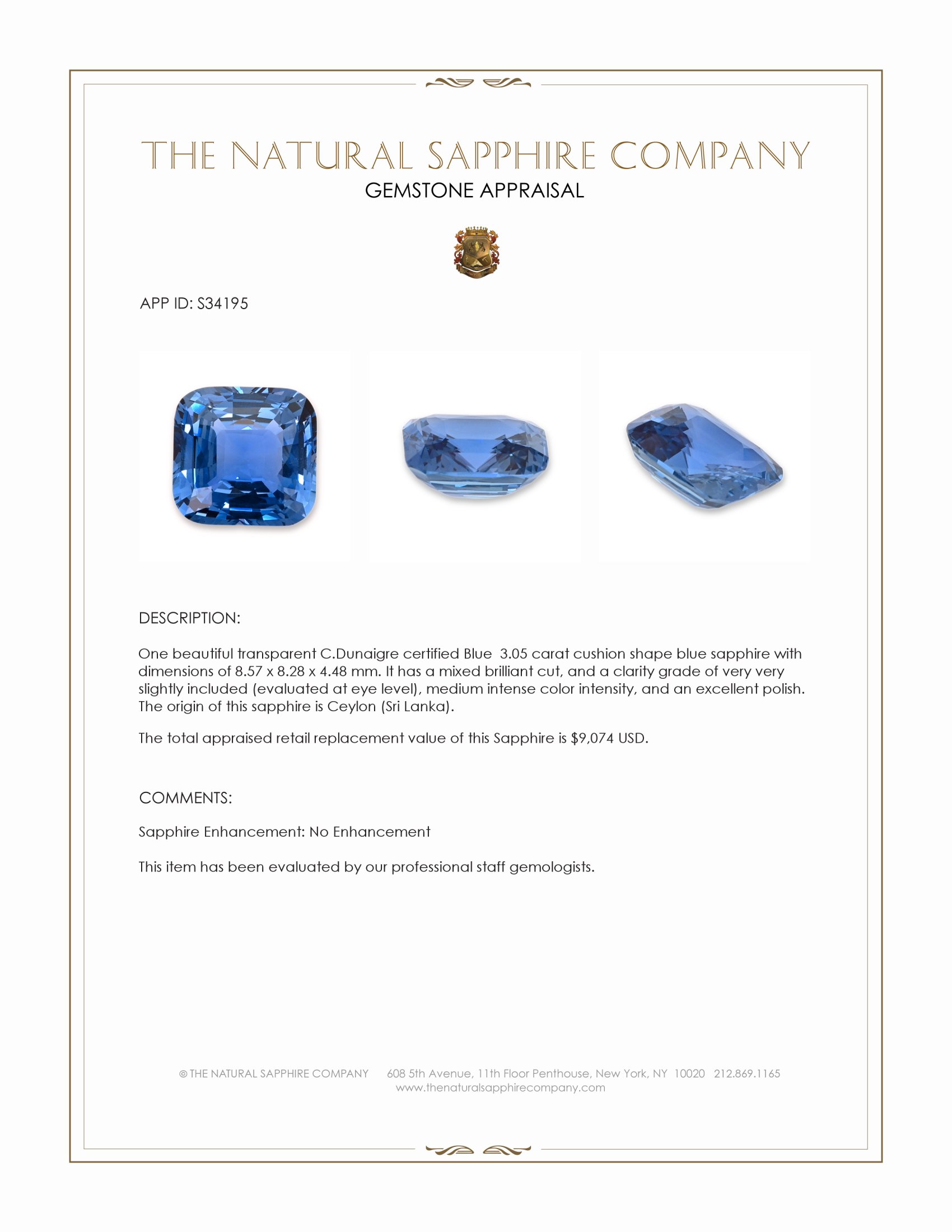 3.05 Ct. Blue Sapphire from Ceylon (Sri Lanka)