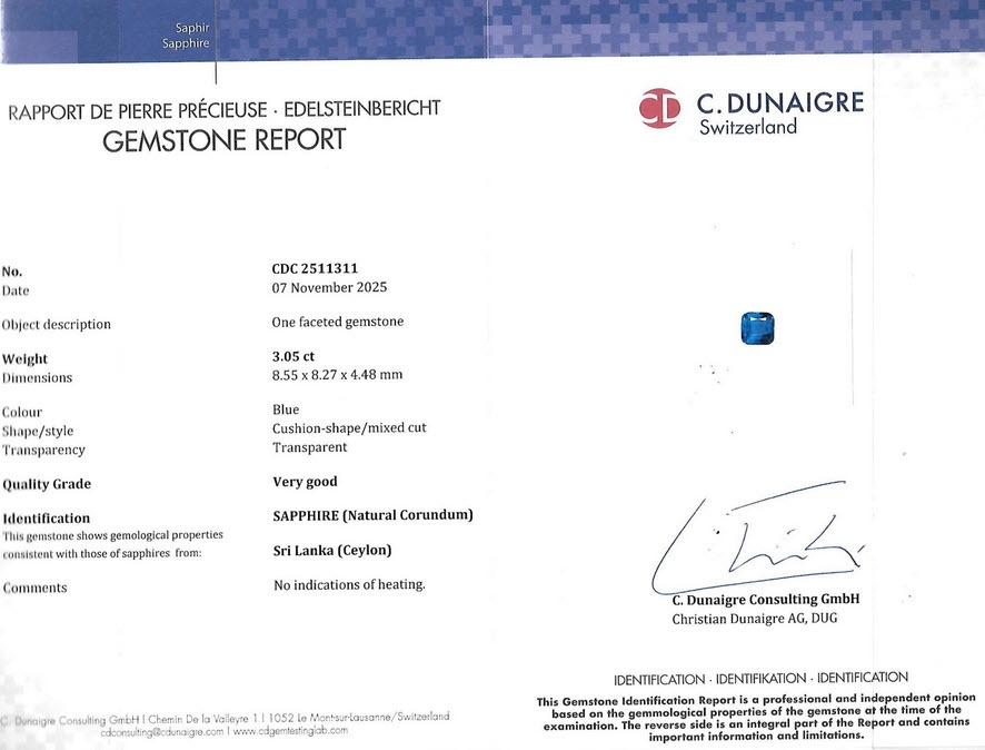 3.05 Ct. Blue Sapphire from Ceylon (Sri Lanka)