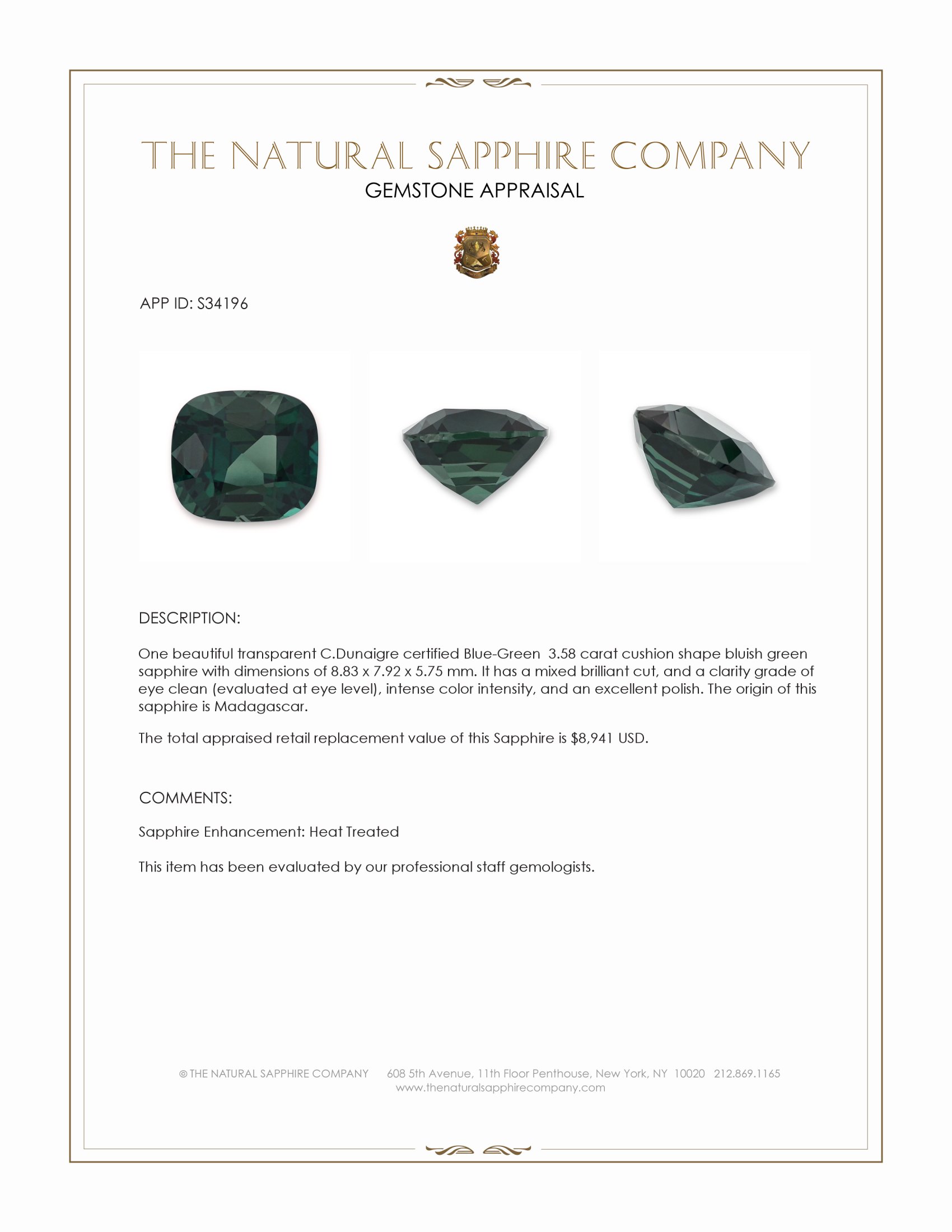 3.58 Ct. Bluish Green Sapphire from Madagascar