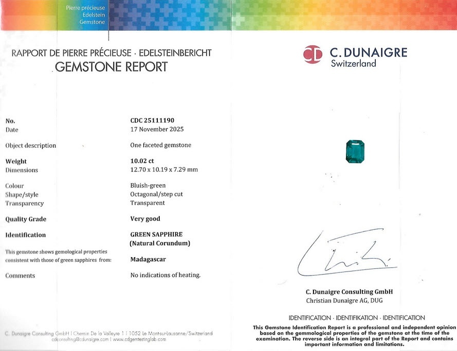 10.02 Ct. Bluish Green Sapphire from Madagascar