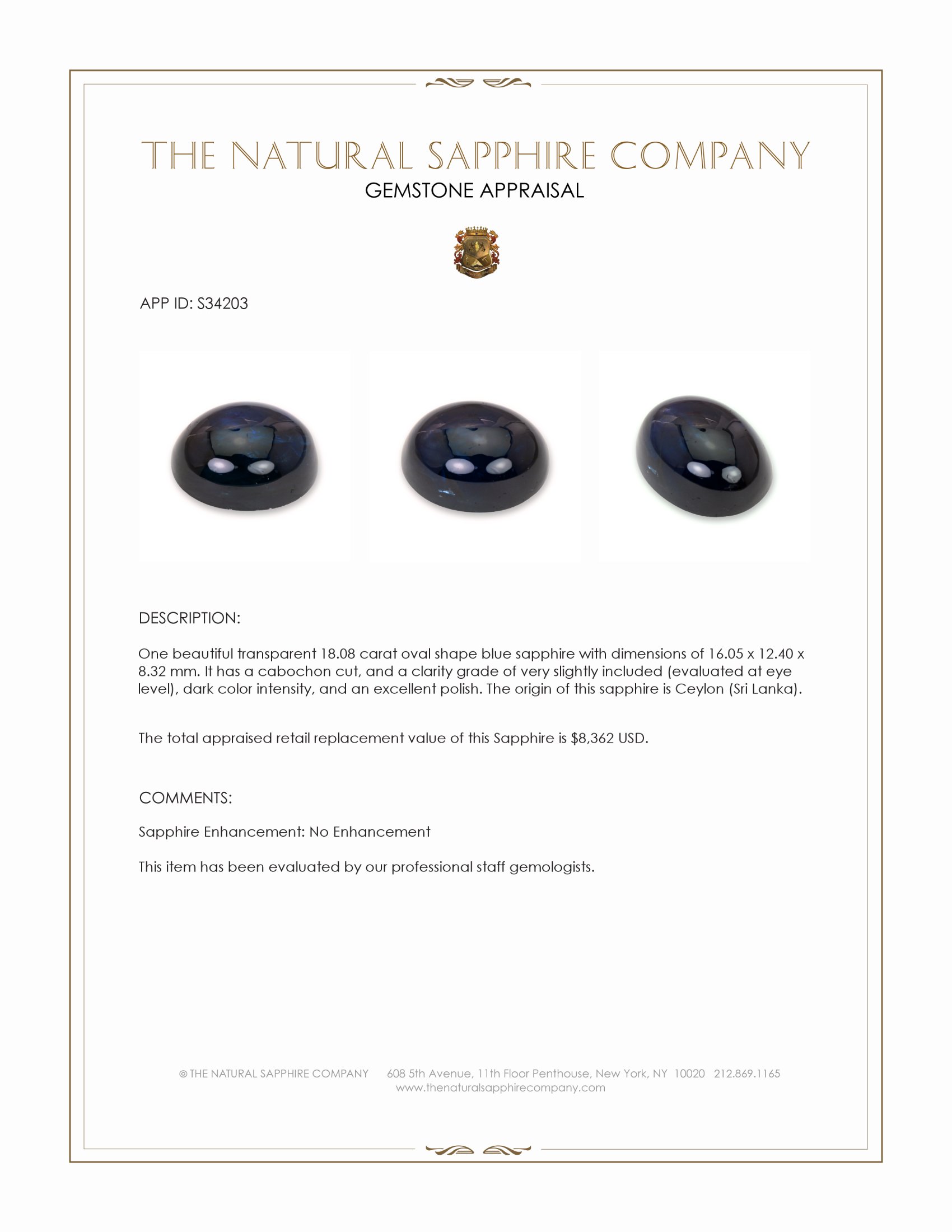 18.08 Ct. Blue Cabochon Sapphire from Ceylon (Sri Lanka)
