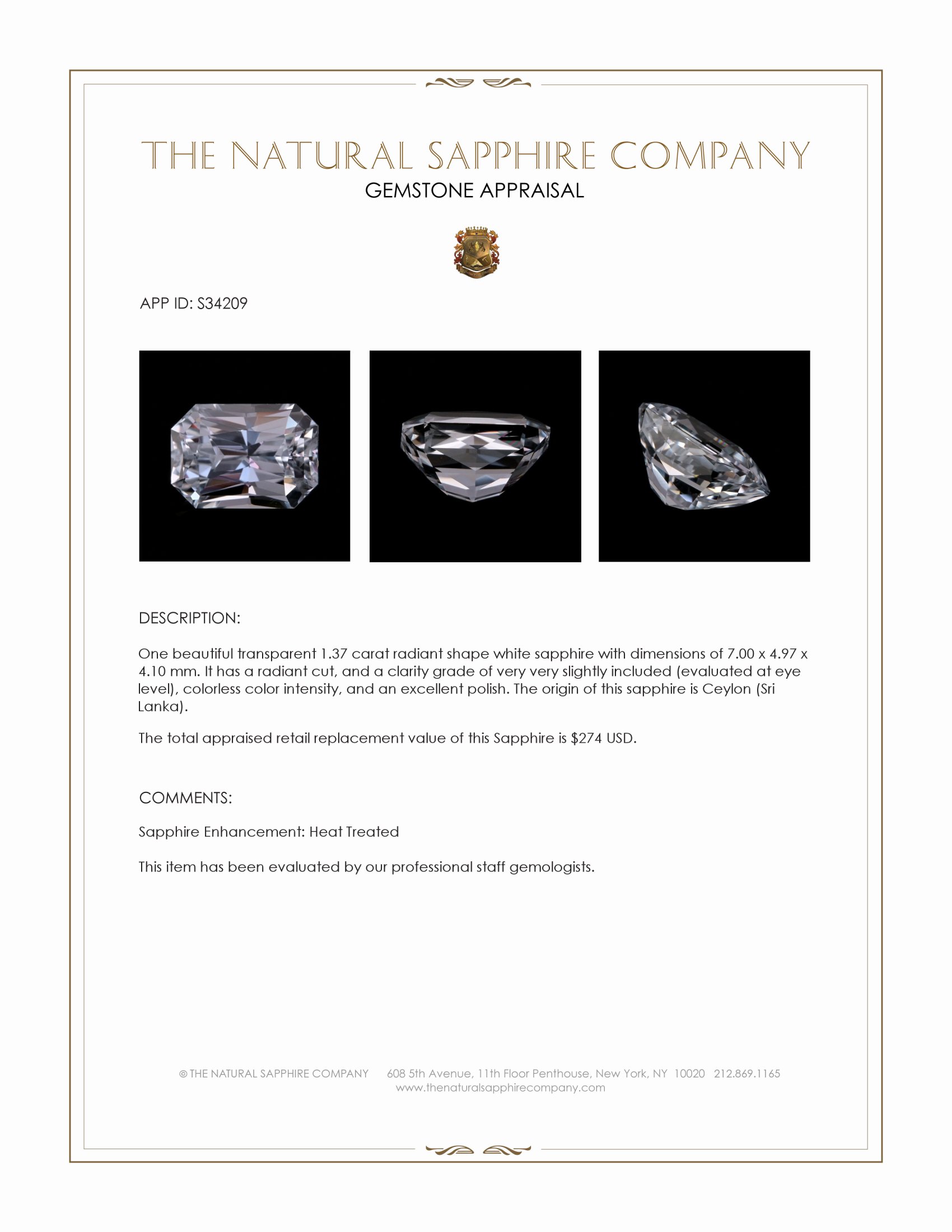 1.37 Ct. White Sapphire from Ceylon (Sri Lanka)