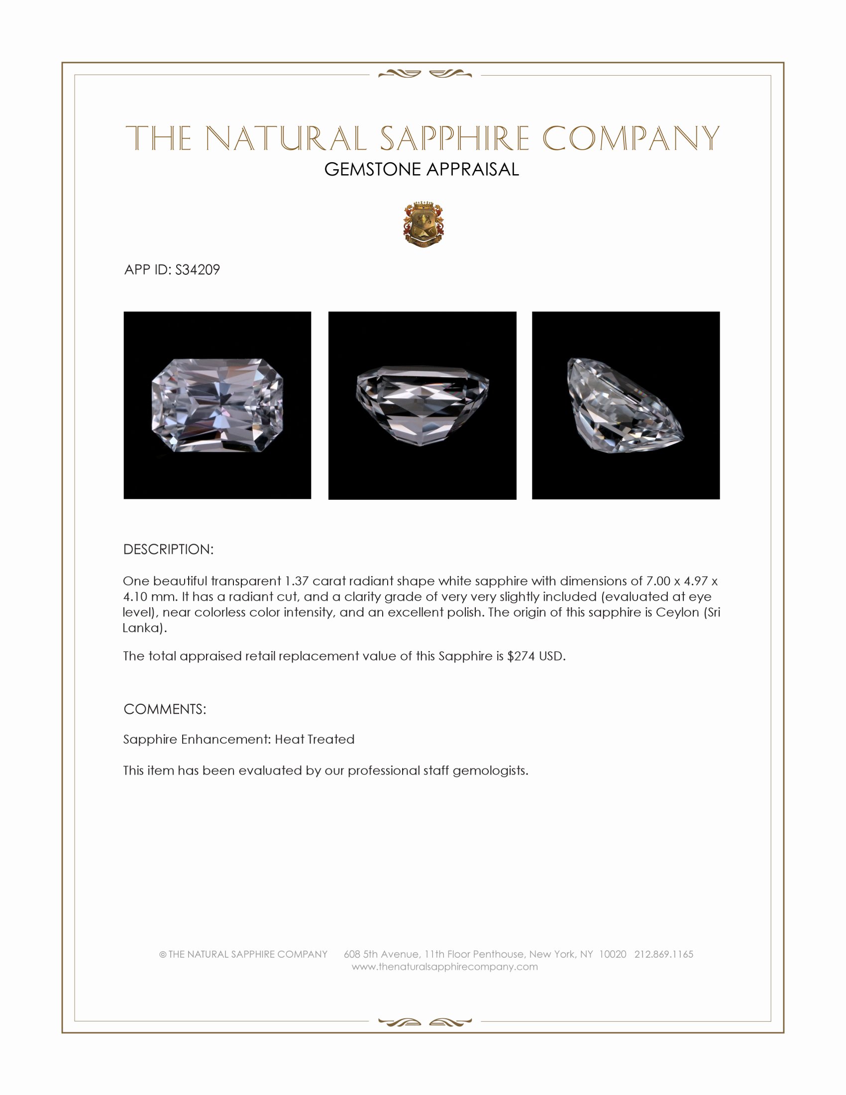 1.37 Ct. White Sapphire from Ceylon (Sri Lanka)