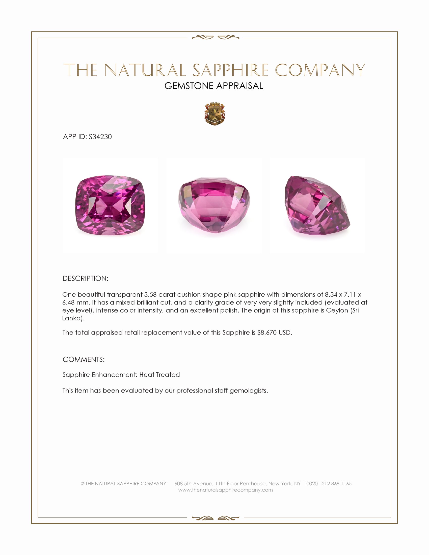 3.58 Ct. Pink Sapphire from Ceylon (Sri Lanka)