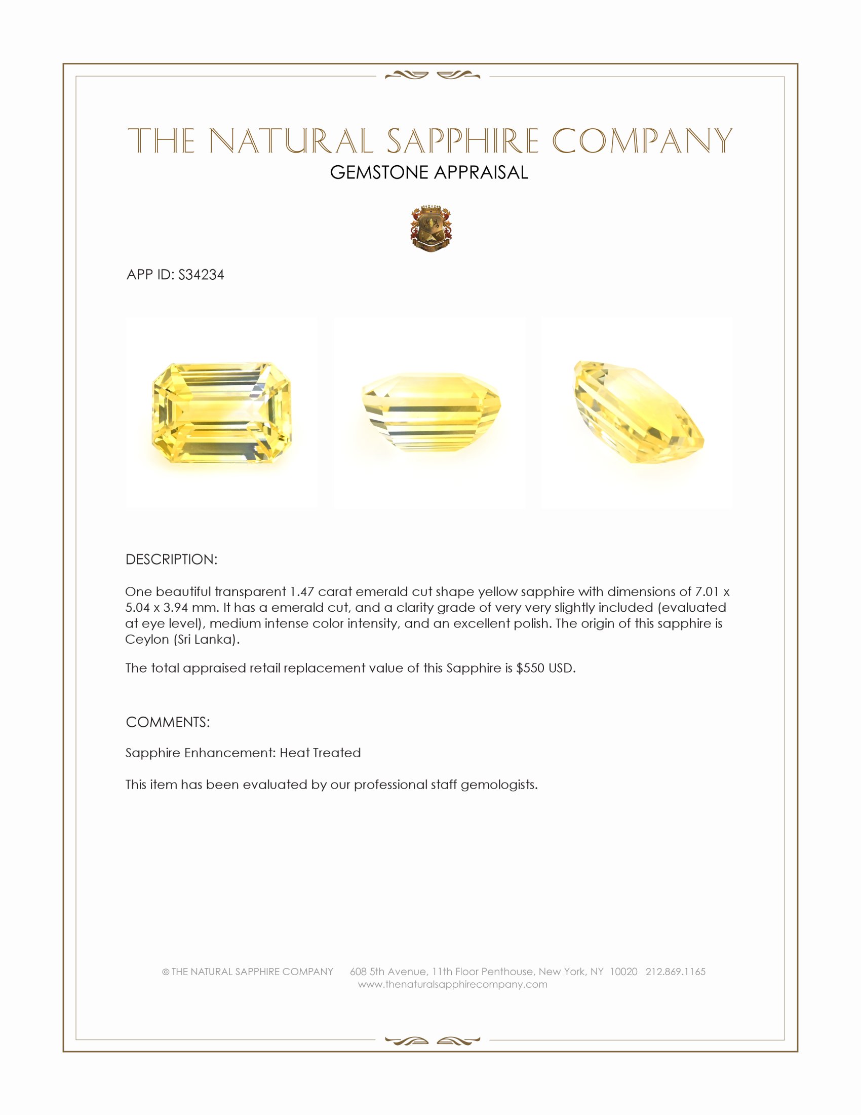 1.47 Ct. Yellow Sapphire from Ceylon (Sri Lanka)