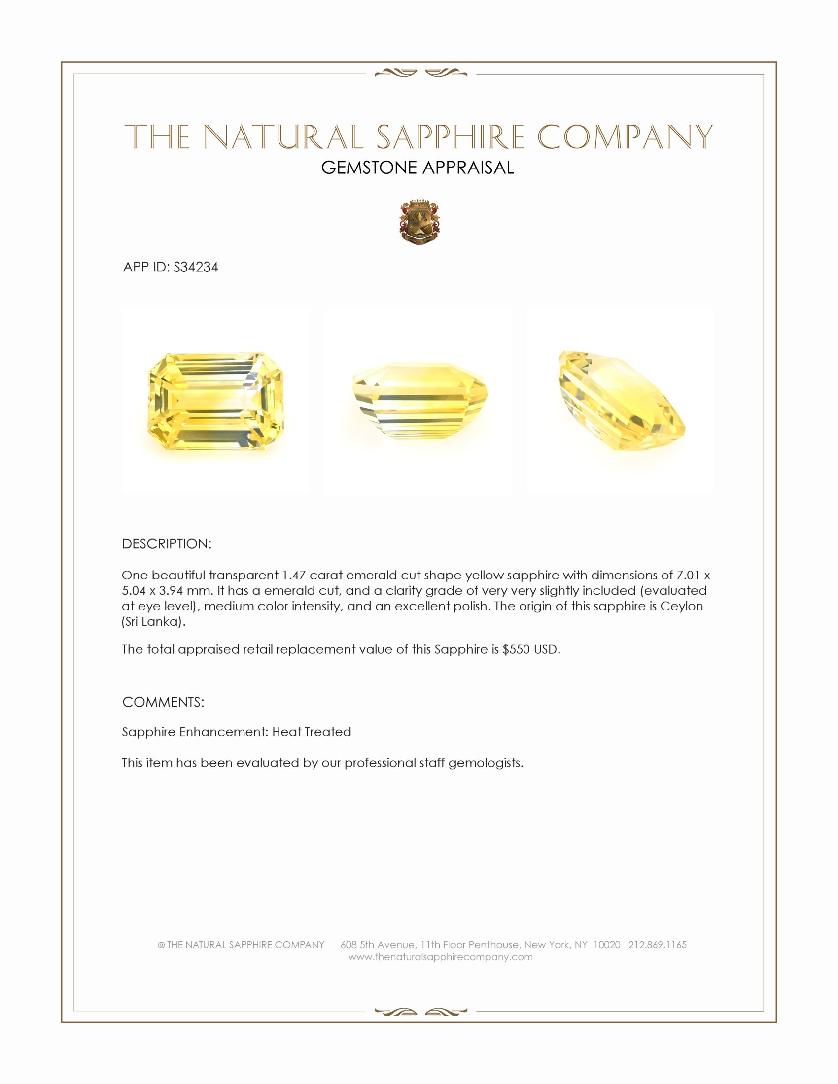 1.47 Ct. Yellow Sapphire from Ceylon (Sri Lanka)