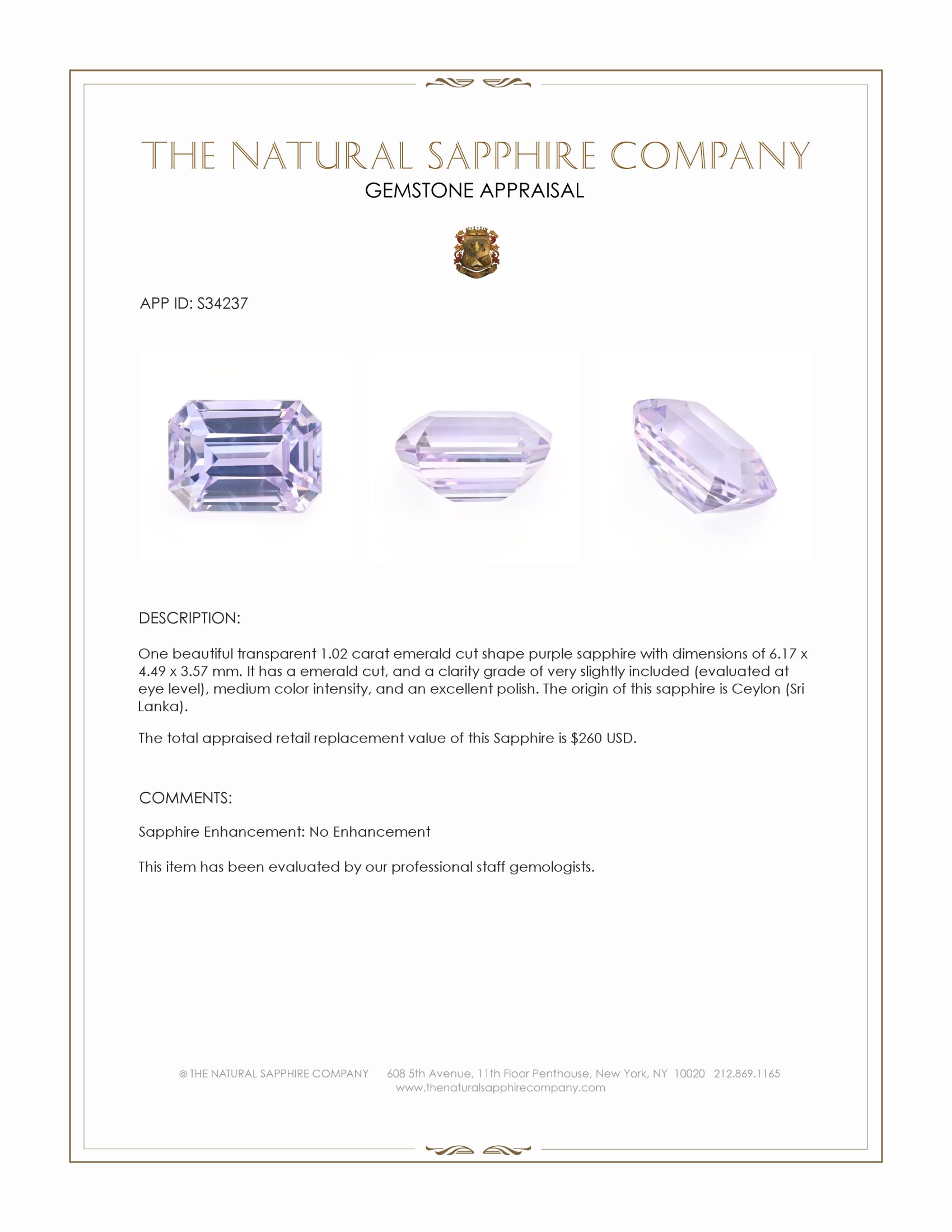 1.02 Ct. Purple Sapphire from Ceylon (Sri Lanka)