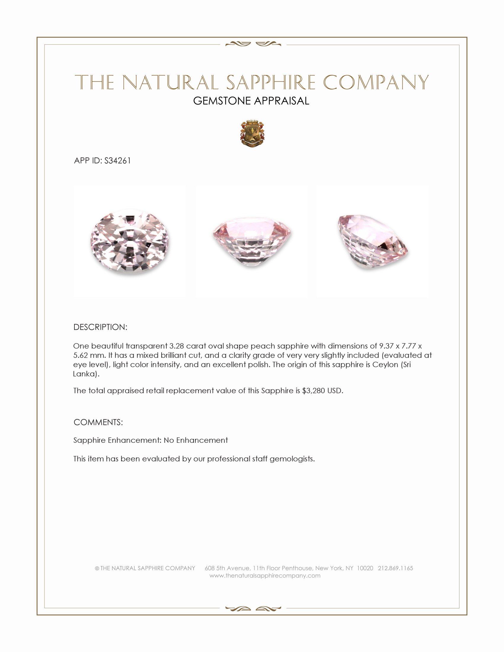 3.28 Ct. Peach Sapphire from Ceylon (Sri Lanka)