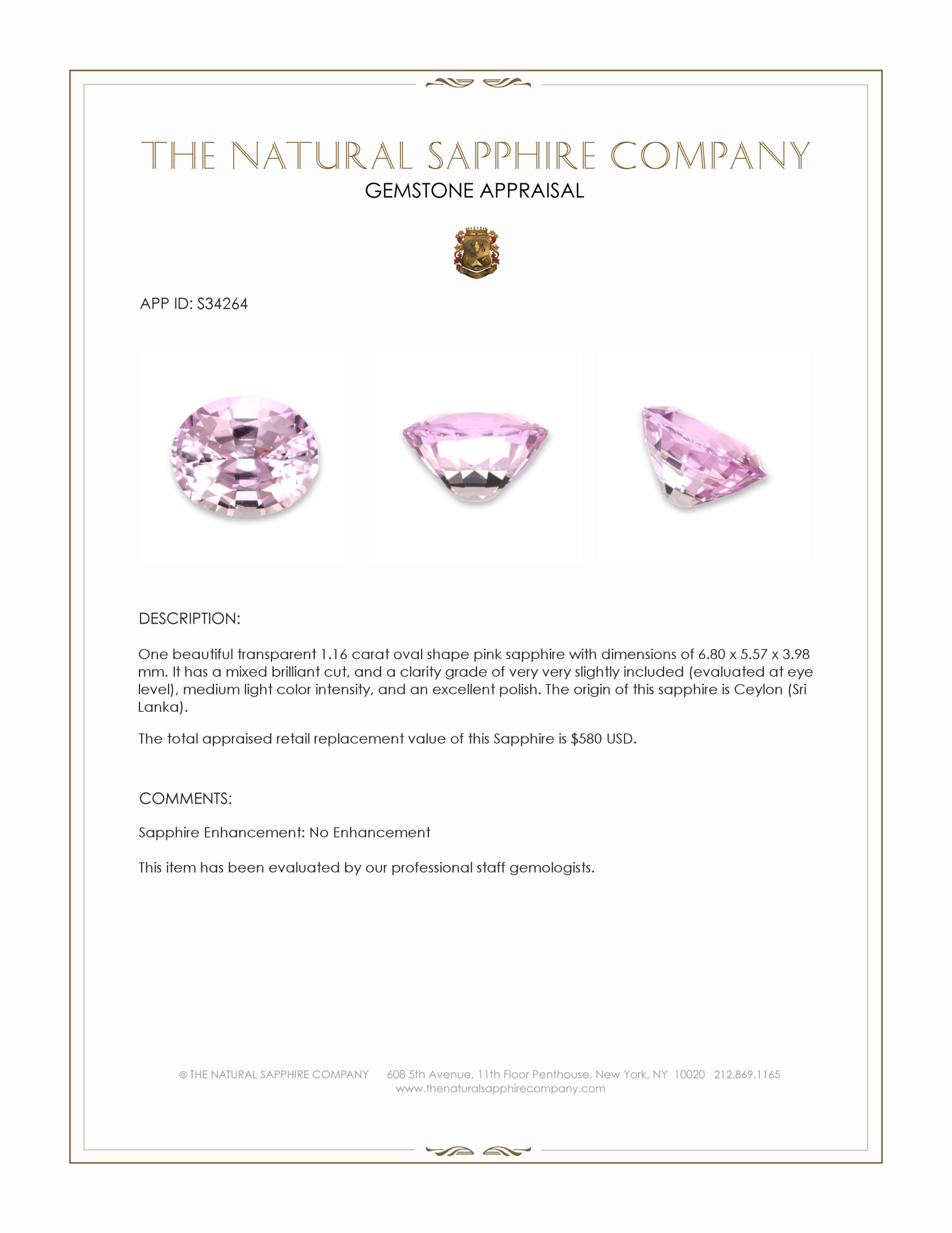 1.16 Ct. Pink Sapphire from Ceylon (Sri Lanka)