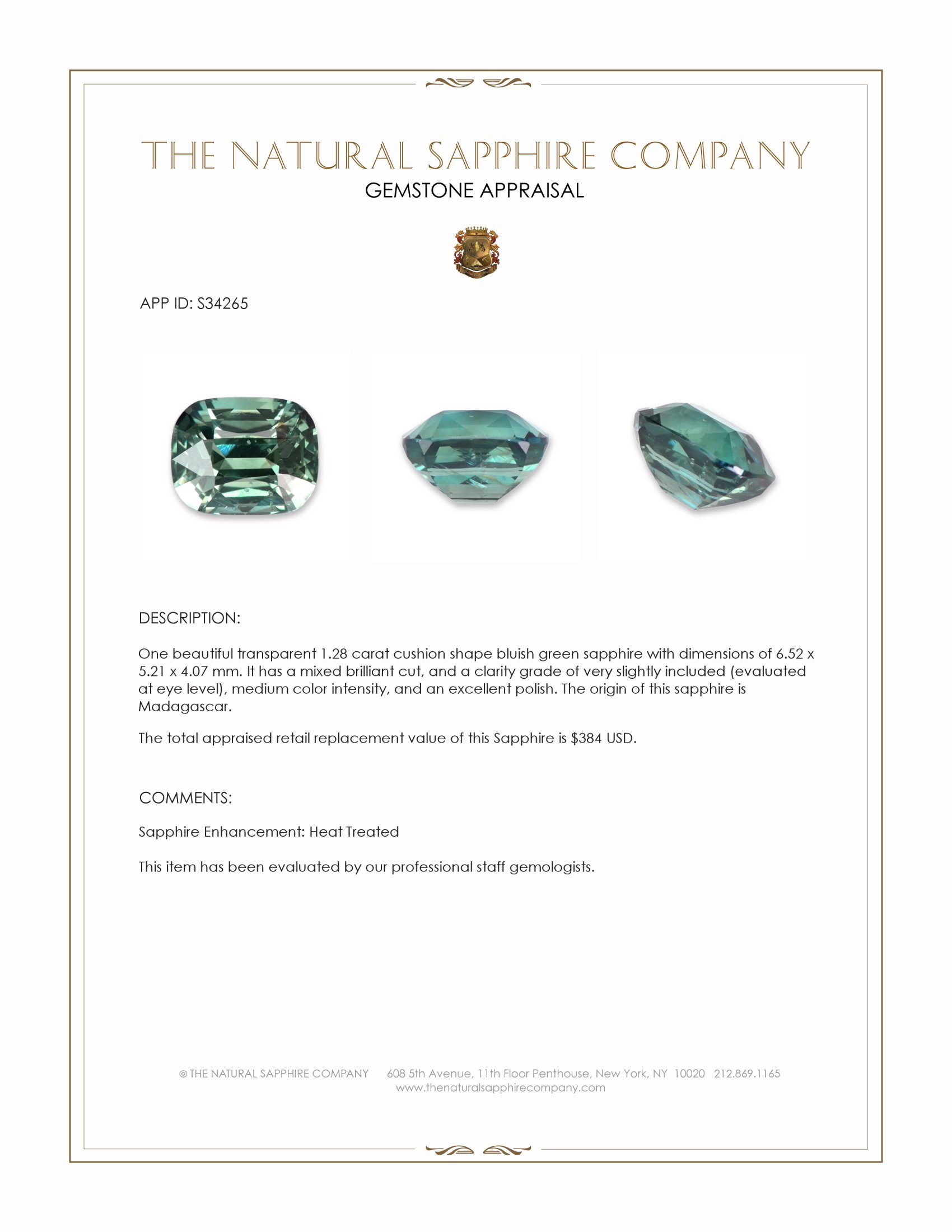 1.28 Ct. Bluish Green Sapphire from Madagascar