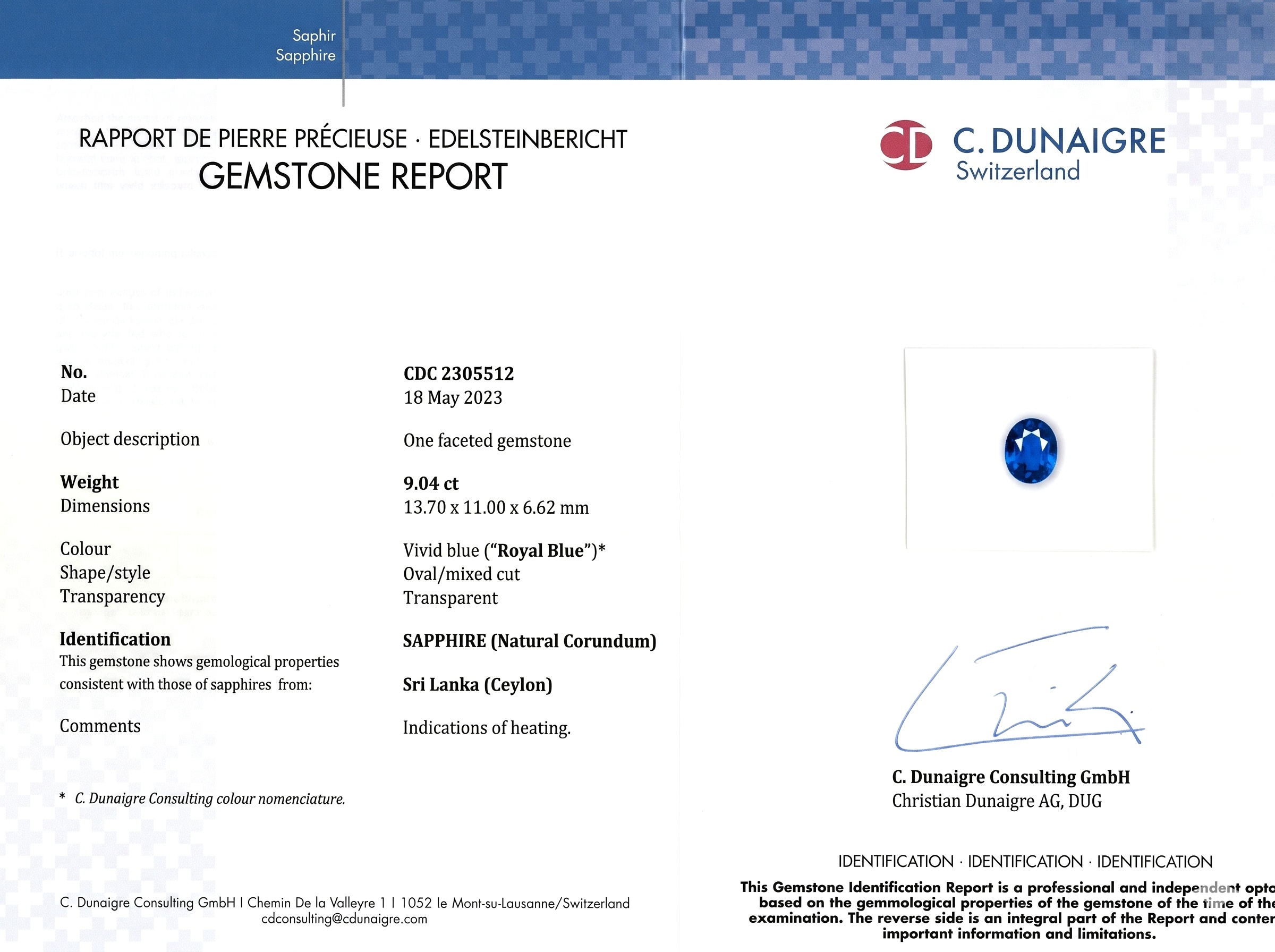 9.04 Ct. Blue Sapphire from Ceylon (Sri Lanka)