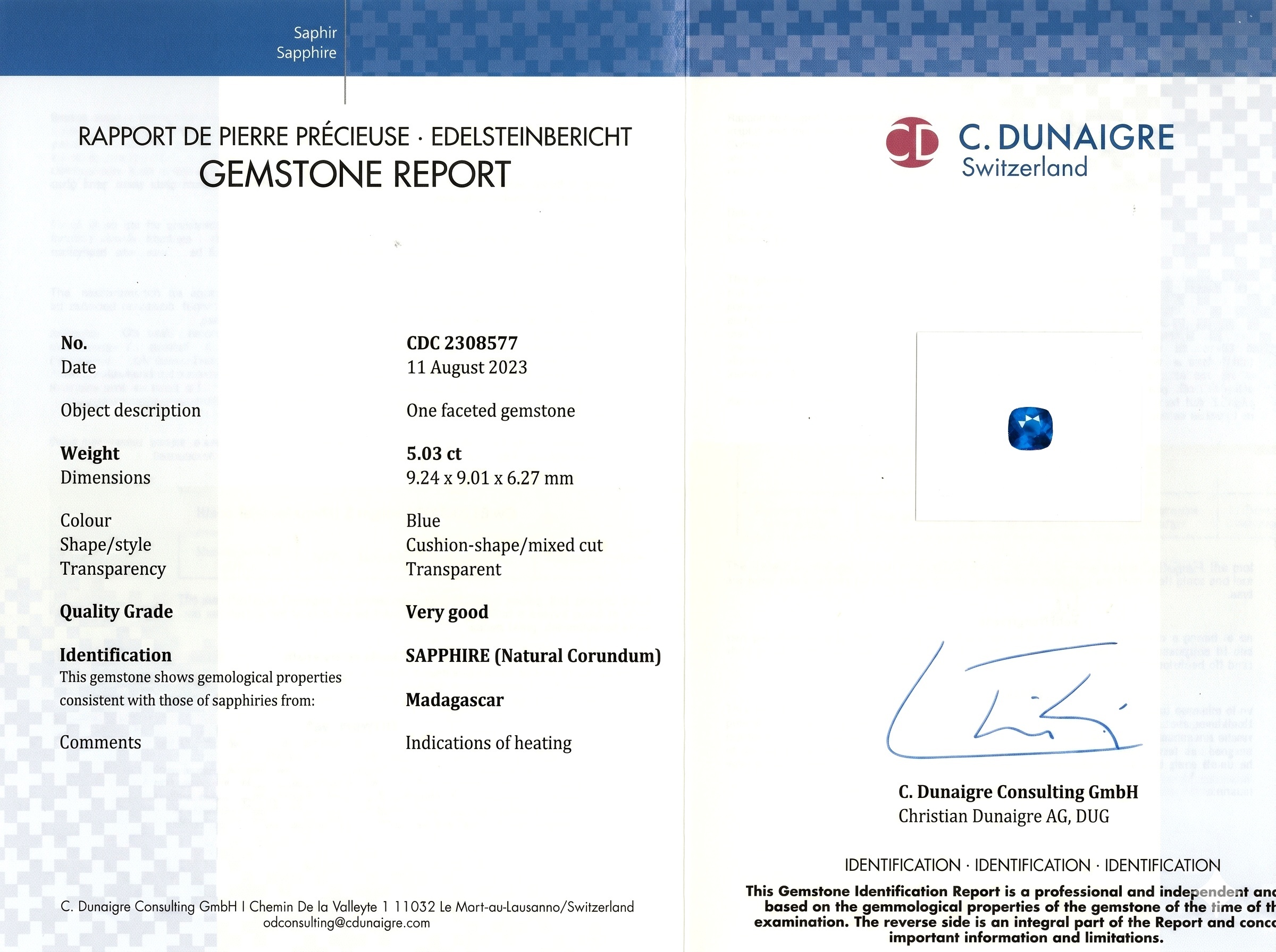 5.03 Ct. Blue Sapphire from Madagascar