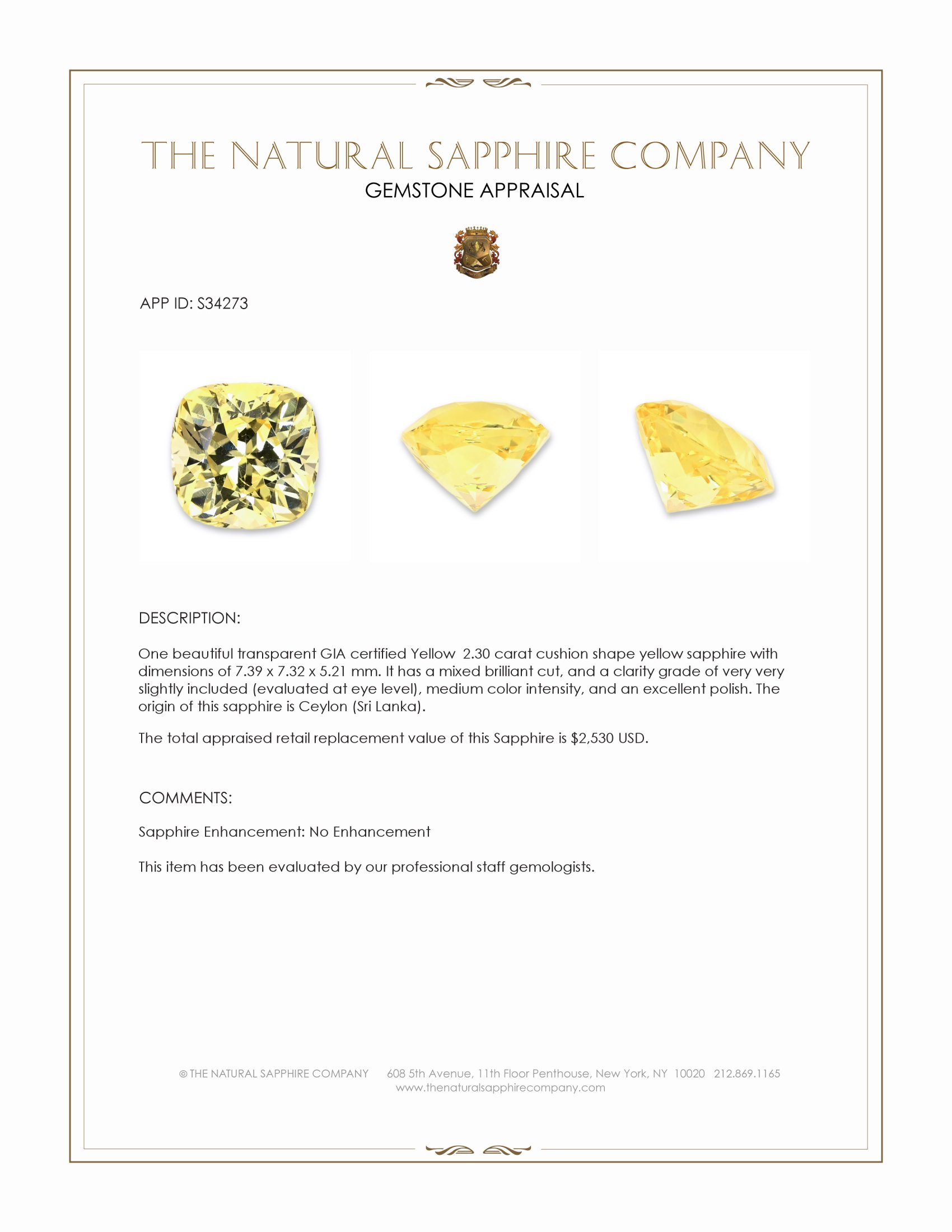 2.30 Ct. Yellow Sapphire from Ceylon (Sri Lanka)