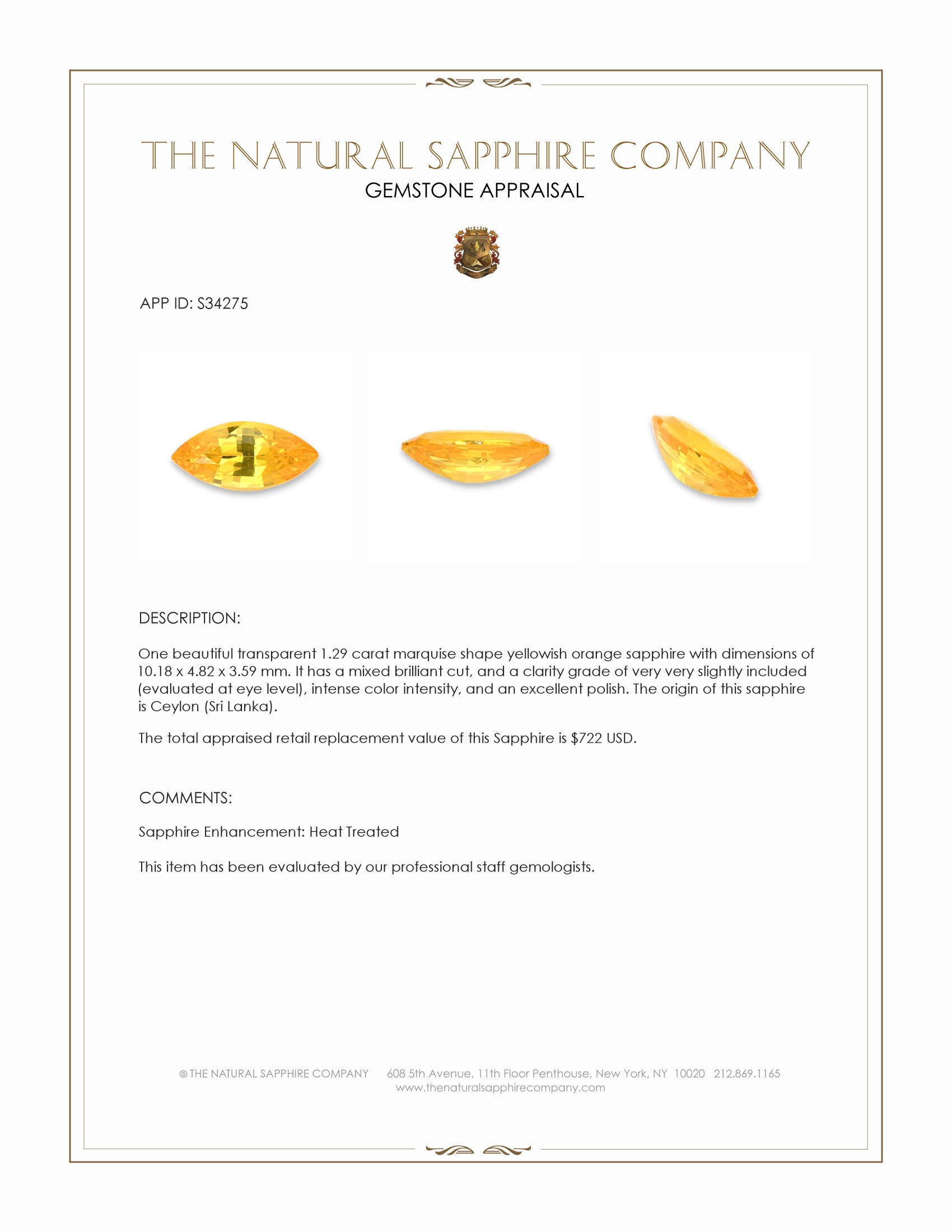 1.29 Ct. Yellowish Orange Sapphire from Ceylon (Sri Lanka)