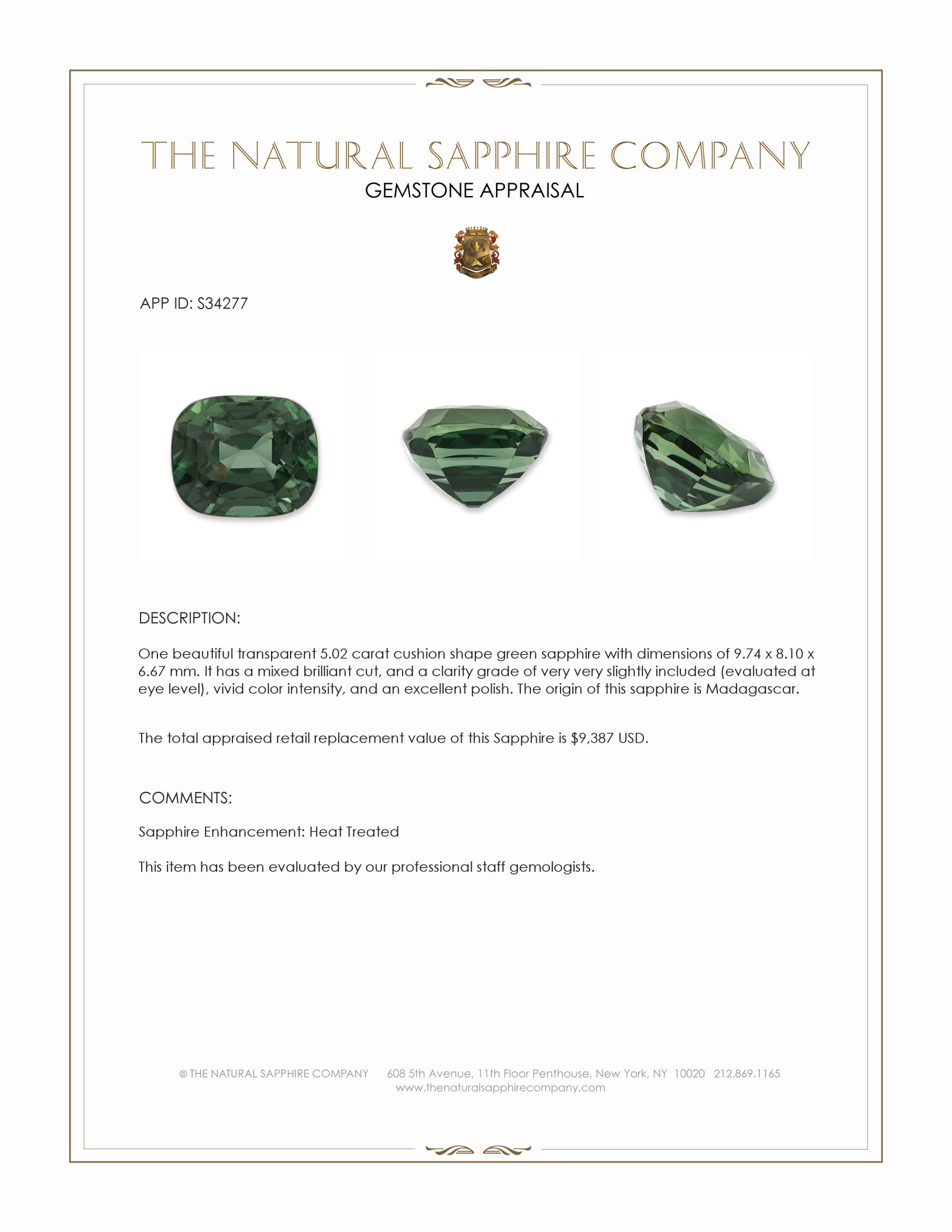 5.02 Ct. Green Sapphire from Madagascar
