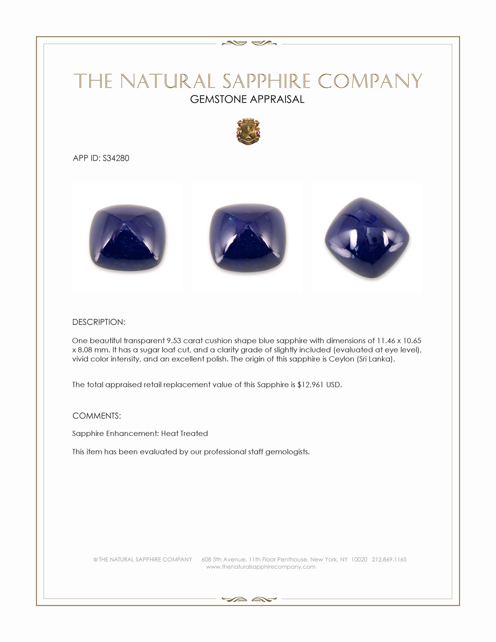 9.53 Ct. Blue Cabochon Sapphire from Ceylon (Sri Lanka)