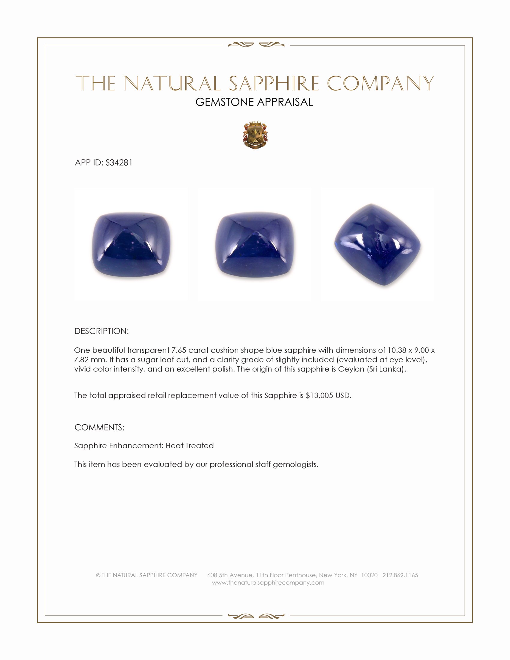 7.65 Ct. Blue Cabochon Sapphire from Ceylon (Sri Lanka)