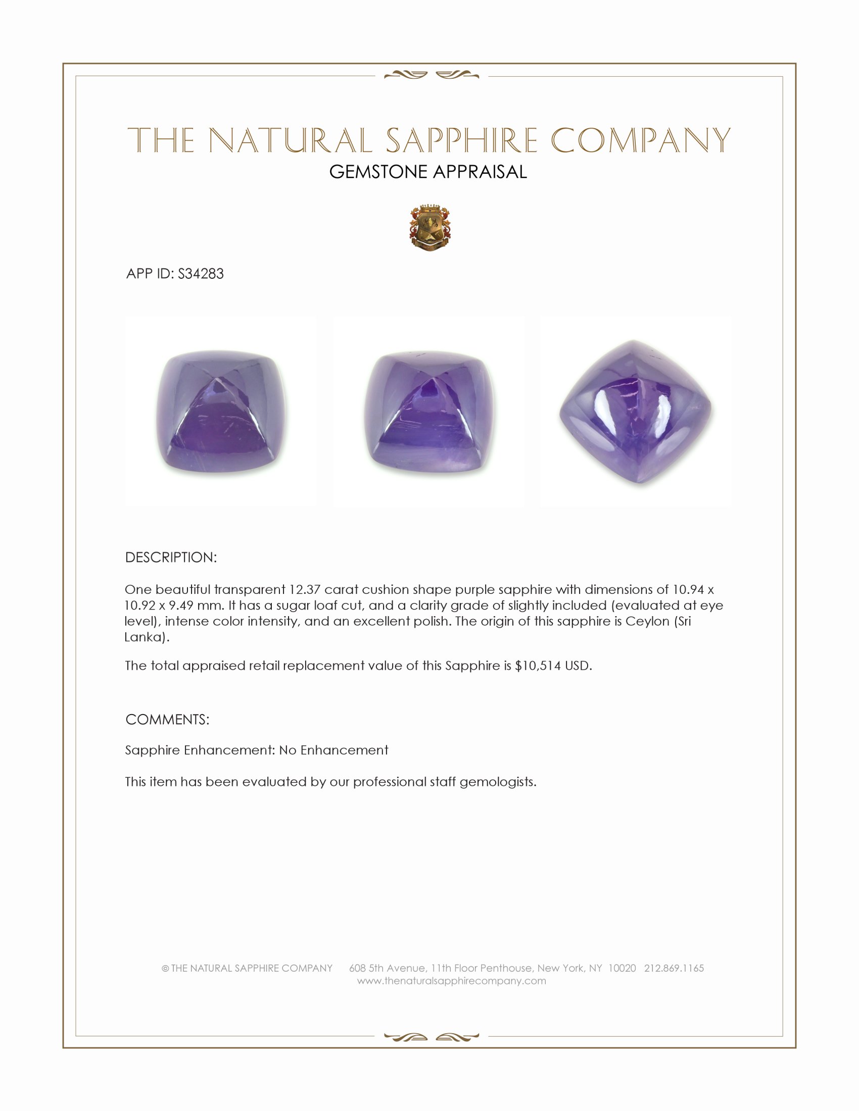 12.37 Ct. Purple Cabochon Sapphire from Ceylon (Sri Lanka)