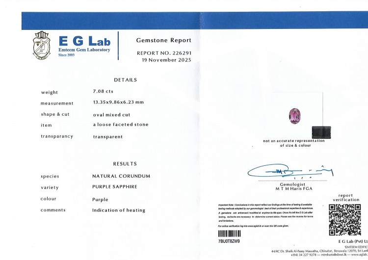7.08 Ct. Purple Sapphire from Madagascar