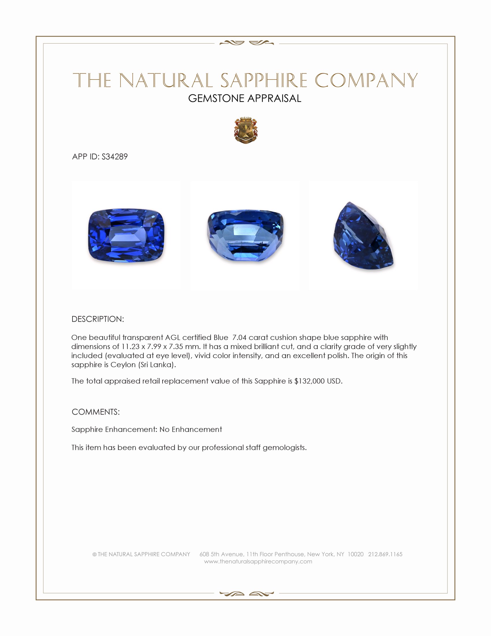 7.04 Ct. Blue Sapphire from Ceylon (Sri Lanka)