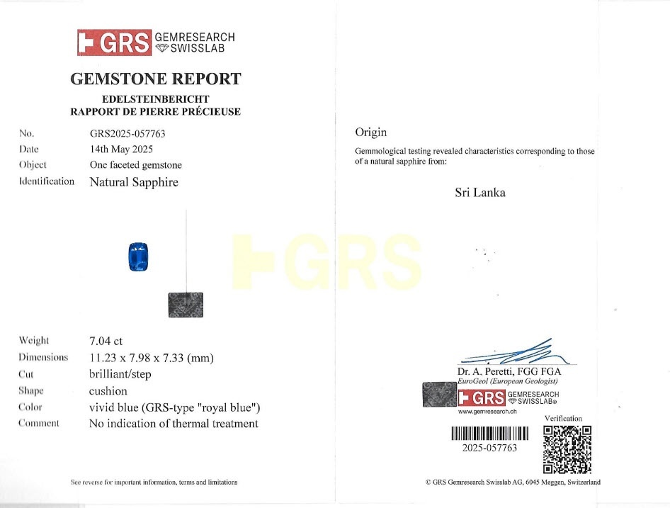 7.04 Ct. Blue Sapphire from Ceylon (Sri Lanka)