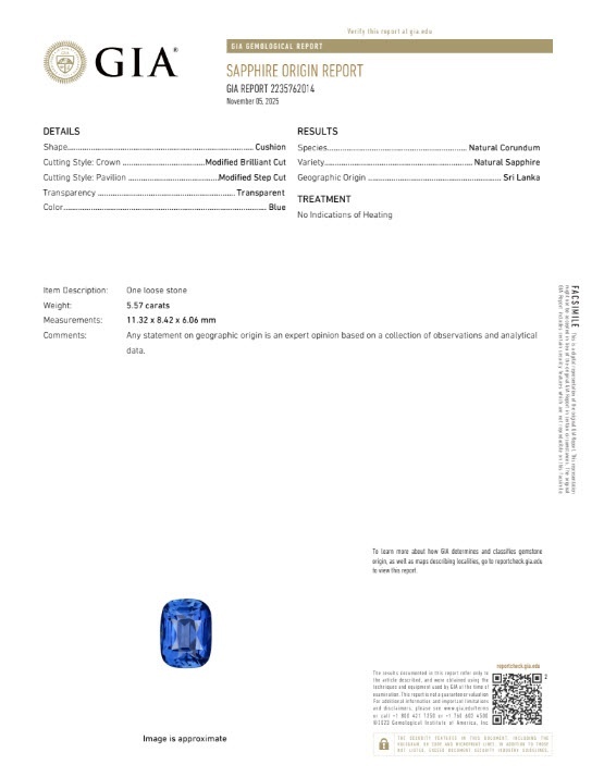 5.57 Ct. Blue Sapphire from Ceylon (Sri Lanka)