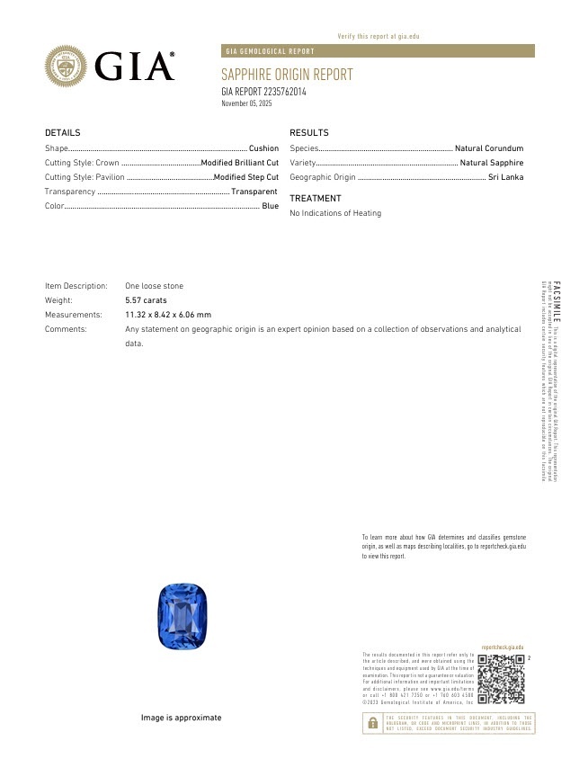 5.57 Ct. Blue Sapphire from Ceylon (Sri Lanka)