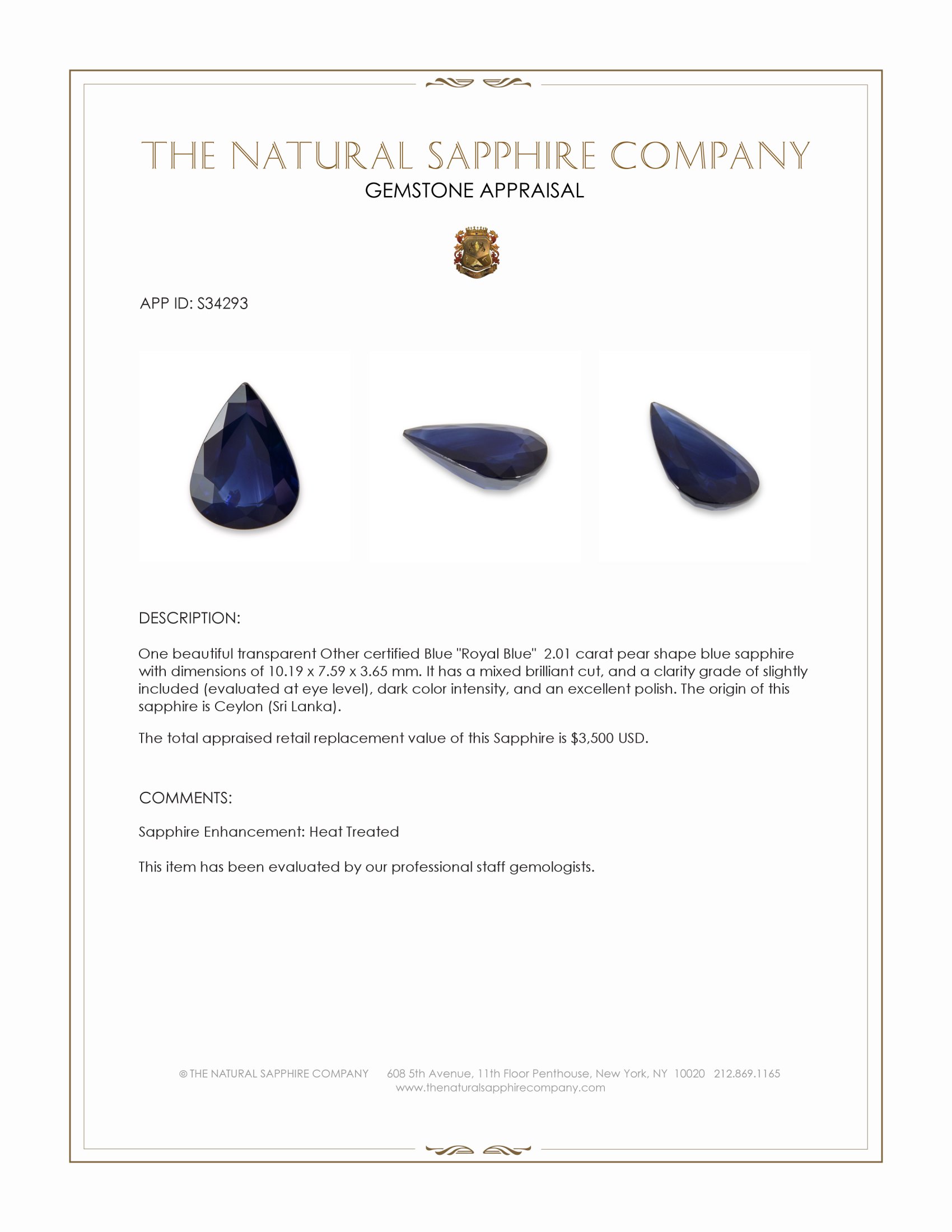 2.01 Ct. Blue Sapphire from Ceylon (Sri Lanka)