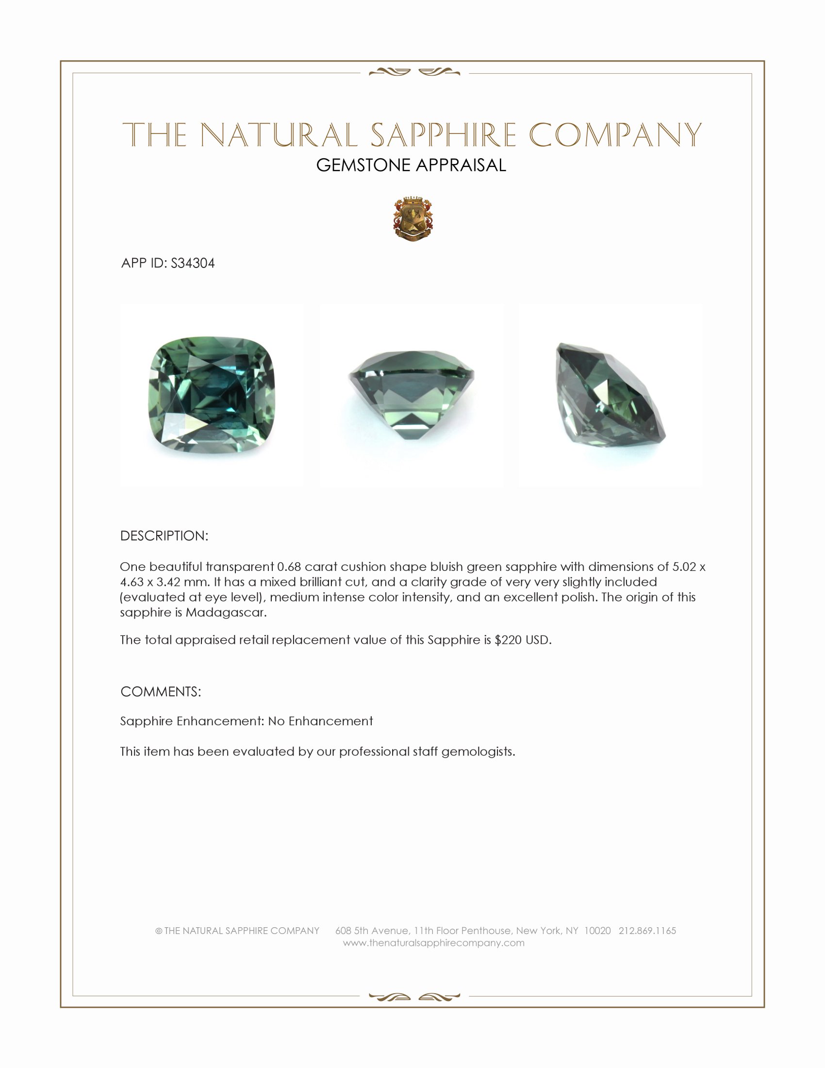 0.68 Ct. Bluish Green Sapphire from Madagascar
