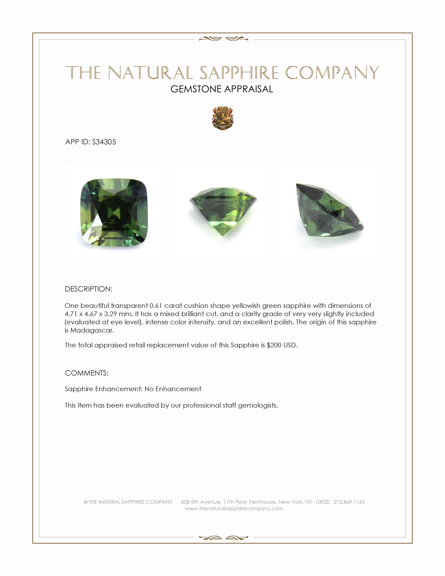 0.61 Ct. Yellowish Green Sapphire from Madagascar