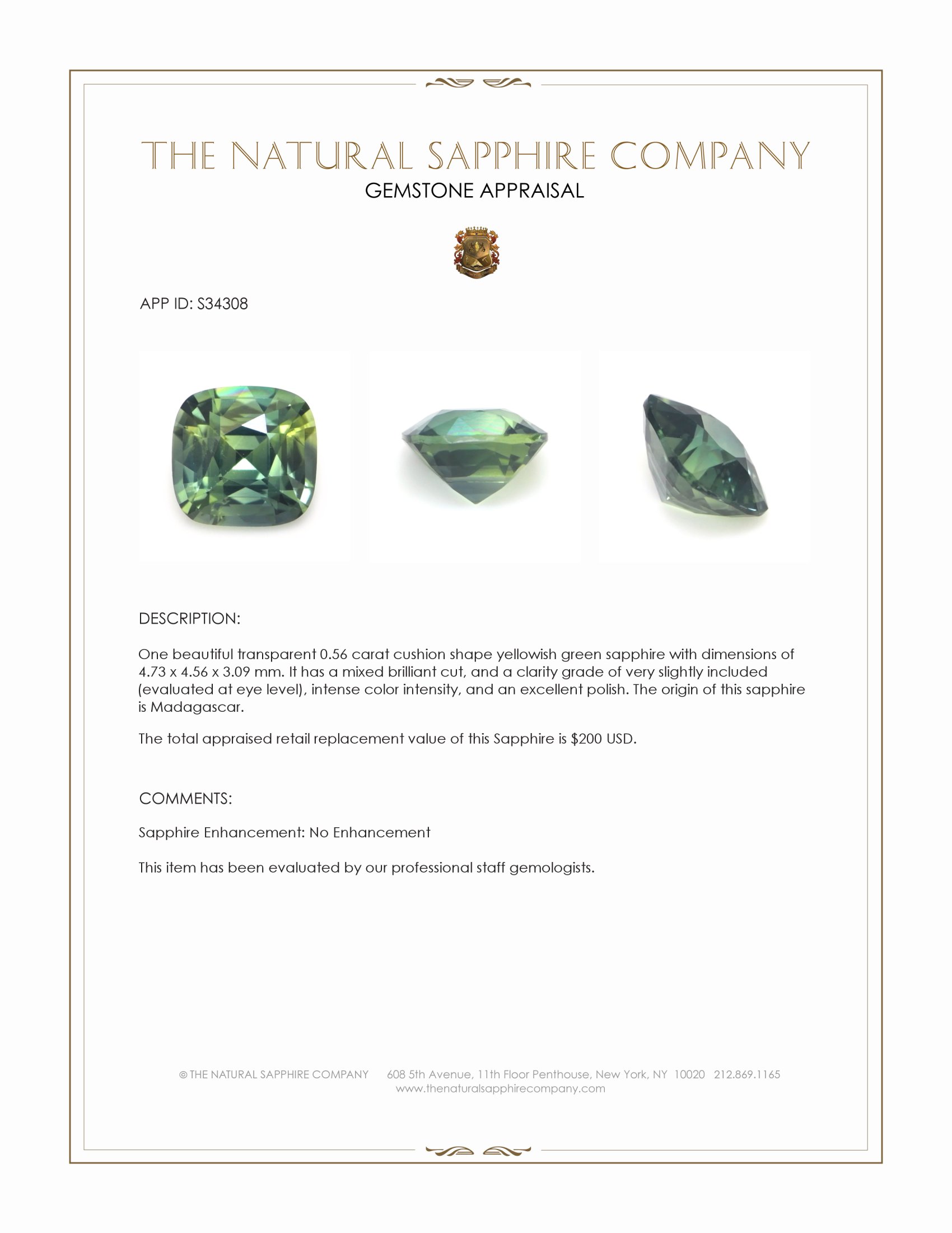 0.56 Ct. Yellowish Green Sapphire from Madagascar
