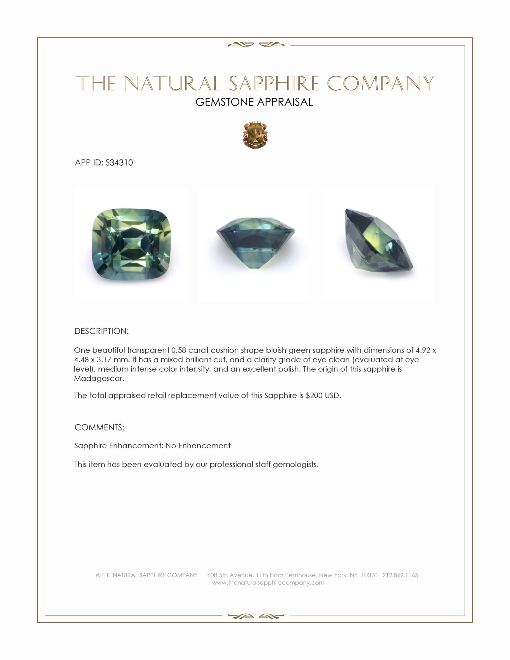 0.58 Ct. Bluish Green Sapphire from Madagascar