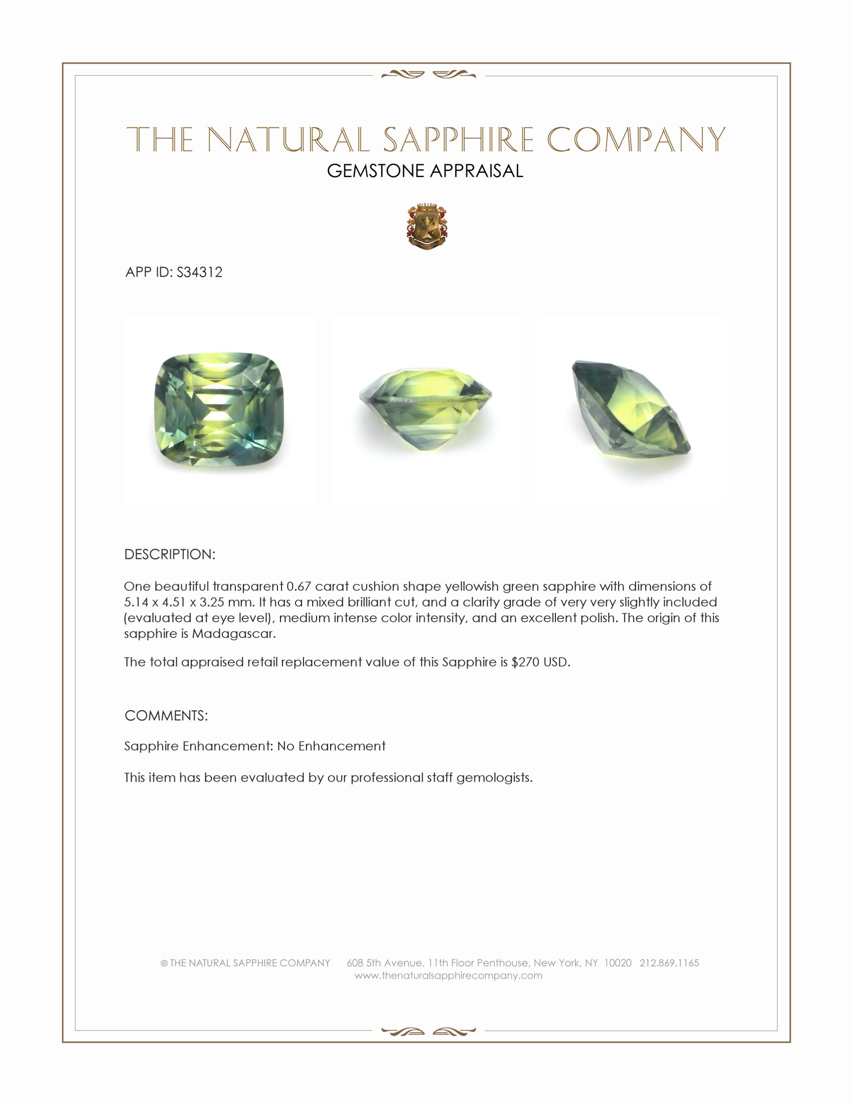 0.67 Ct. Yellowish Green Sapphire from Madagascar