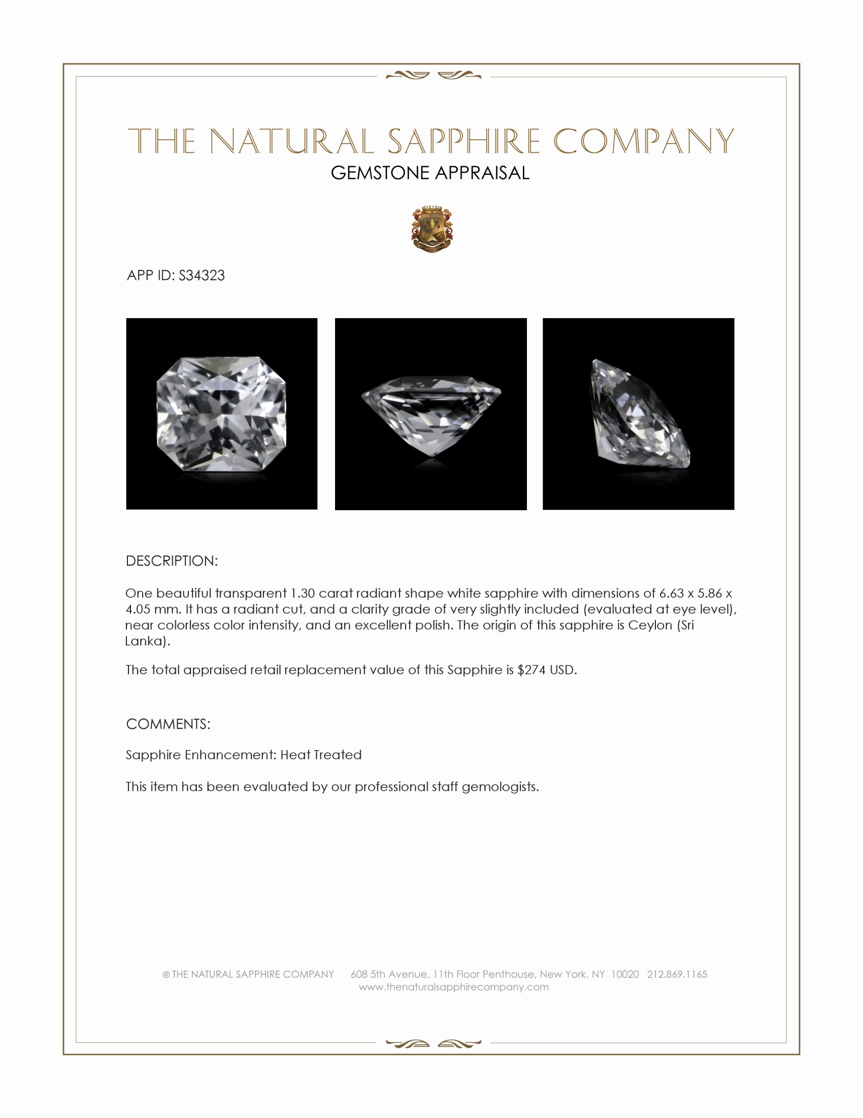 1.30 Ct. White Sapphire from Ceylon (Sri Lanka)