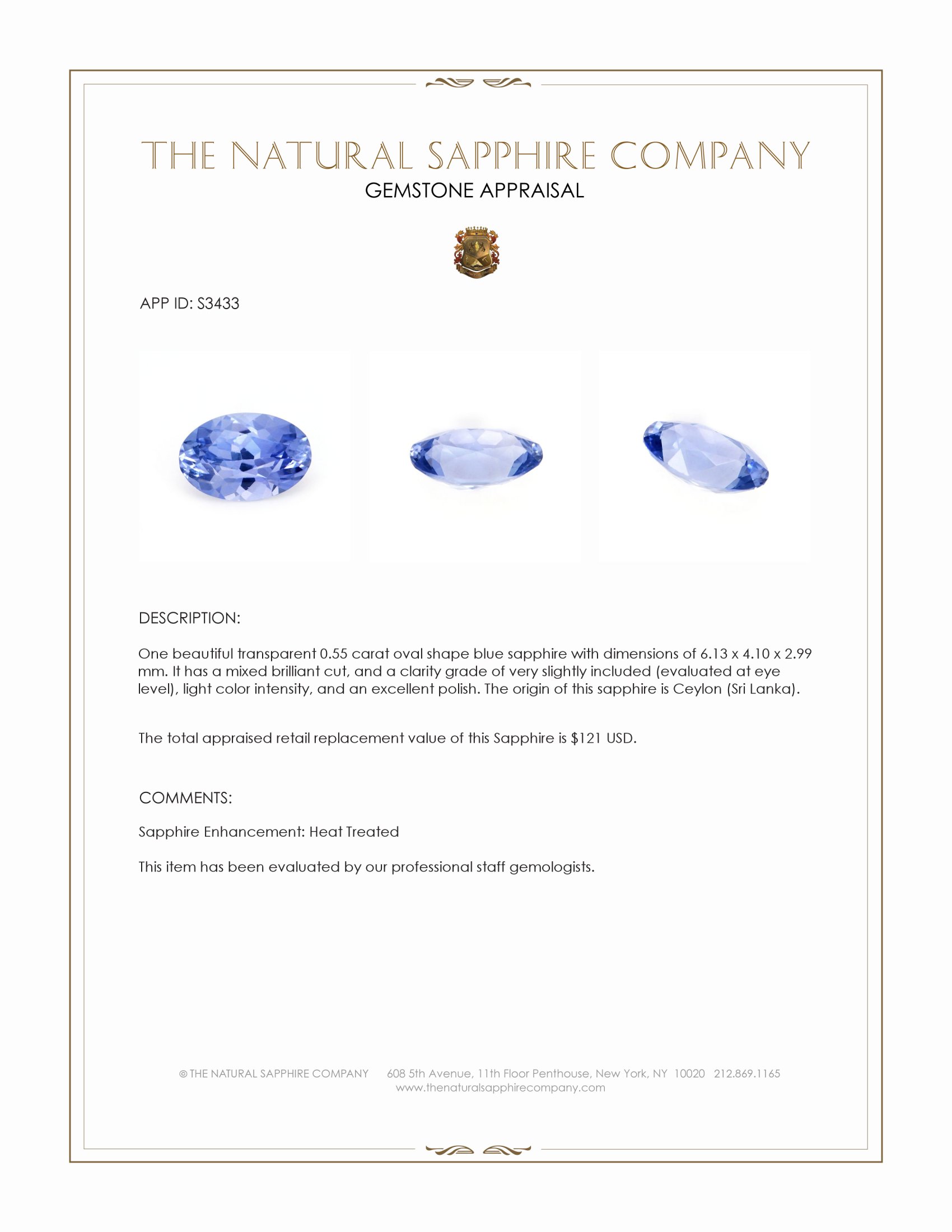 0.55 Ct. Blue Sapphire from Ceylon (Sri Lanka)