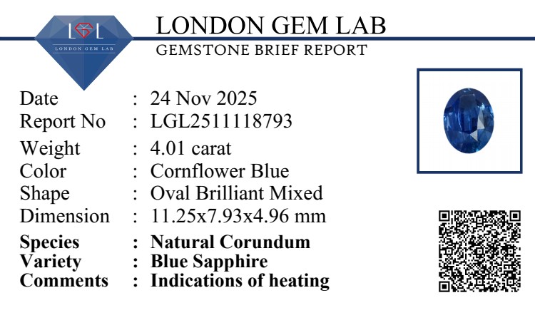 4.01 Ct. Blue Sapphire from Ceylon (Sri Lanka)
