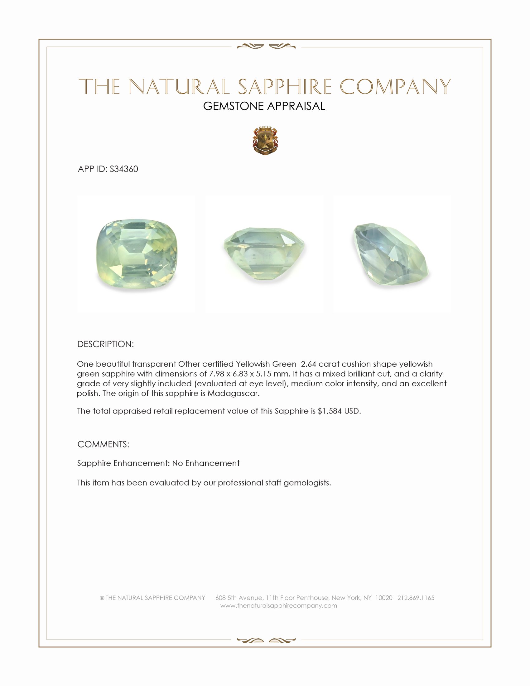 2.64 Ct. Yellowish Green Sapphire from Madagascar