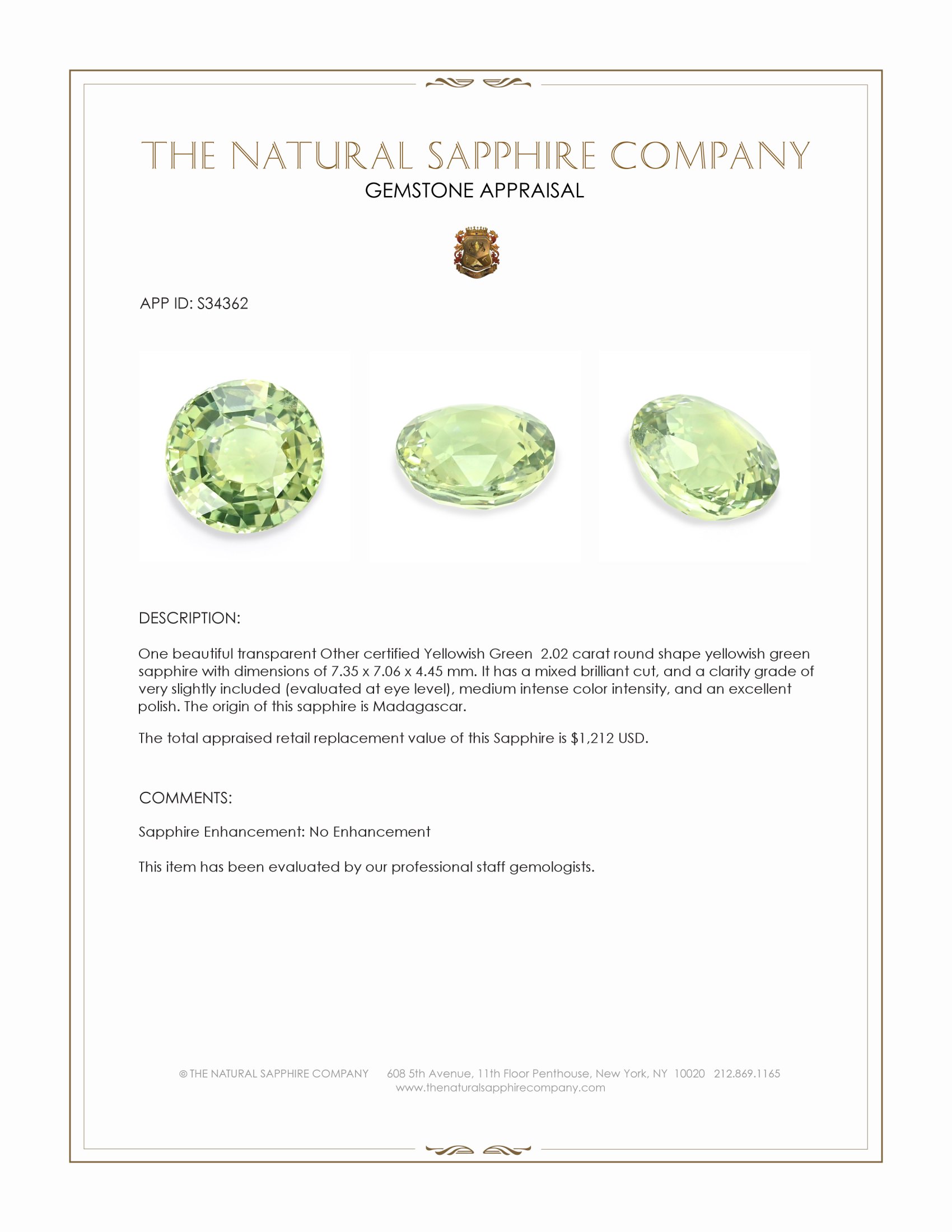 2.02 Ct. Yellowish Green Sapphire from Madagascar