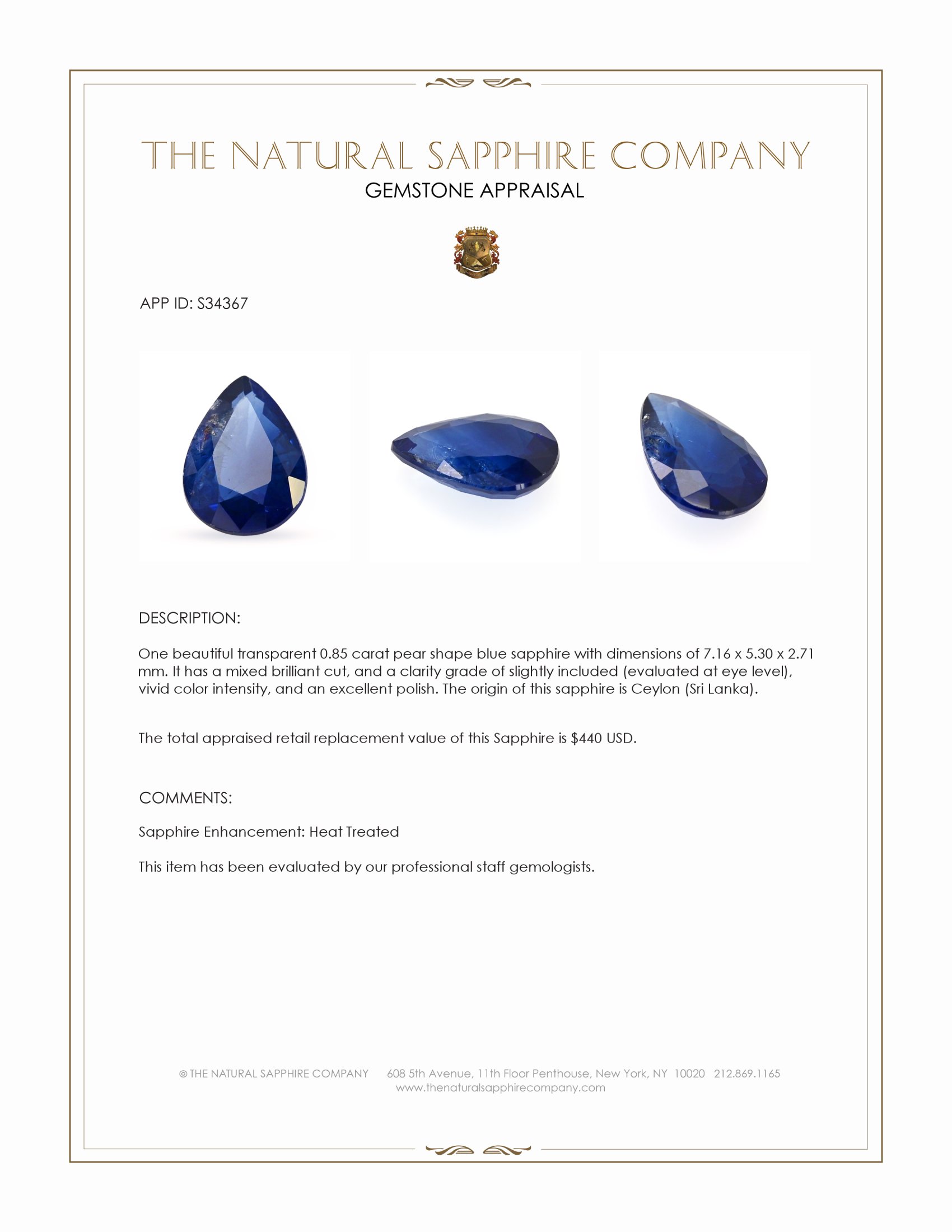 0.85 Ct. Blue Sapphire from Ceylon (Sri Lanka)