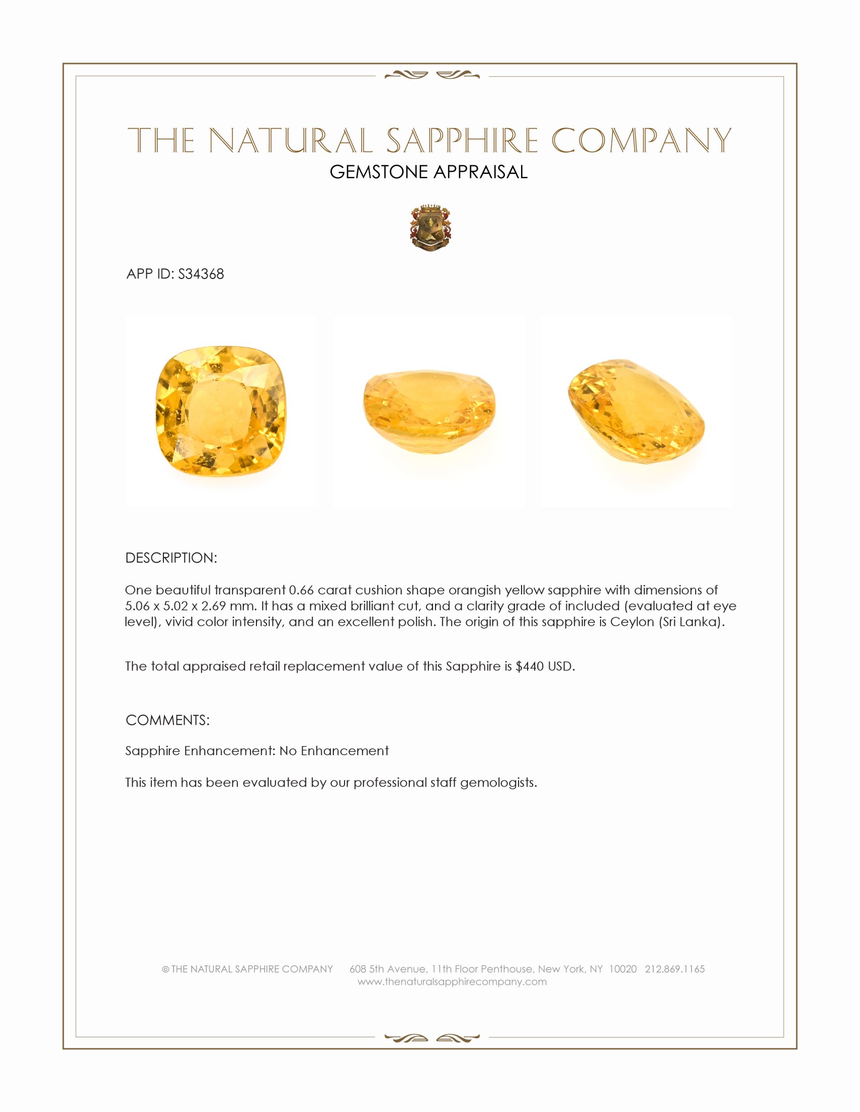 0.66 Ct. Orangish Yellow Sapphire from Ceylon (Sri Lanka)