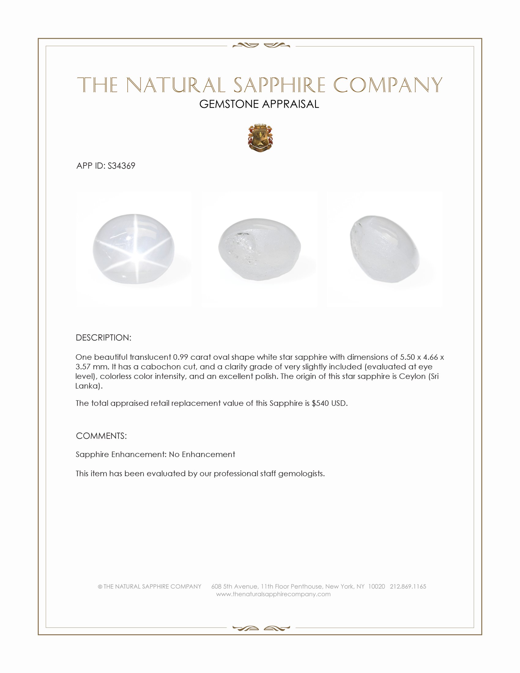 0.99 Ct. White Star Sapphire from Ceylon (Sri Lanka)