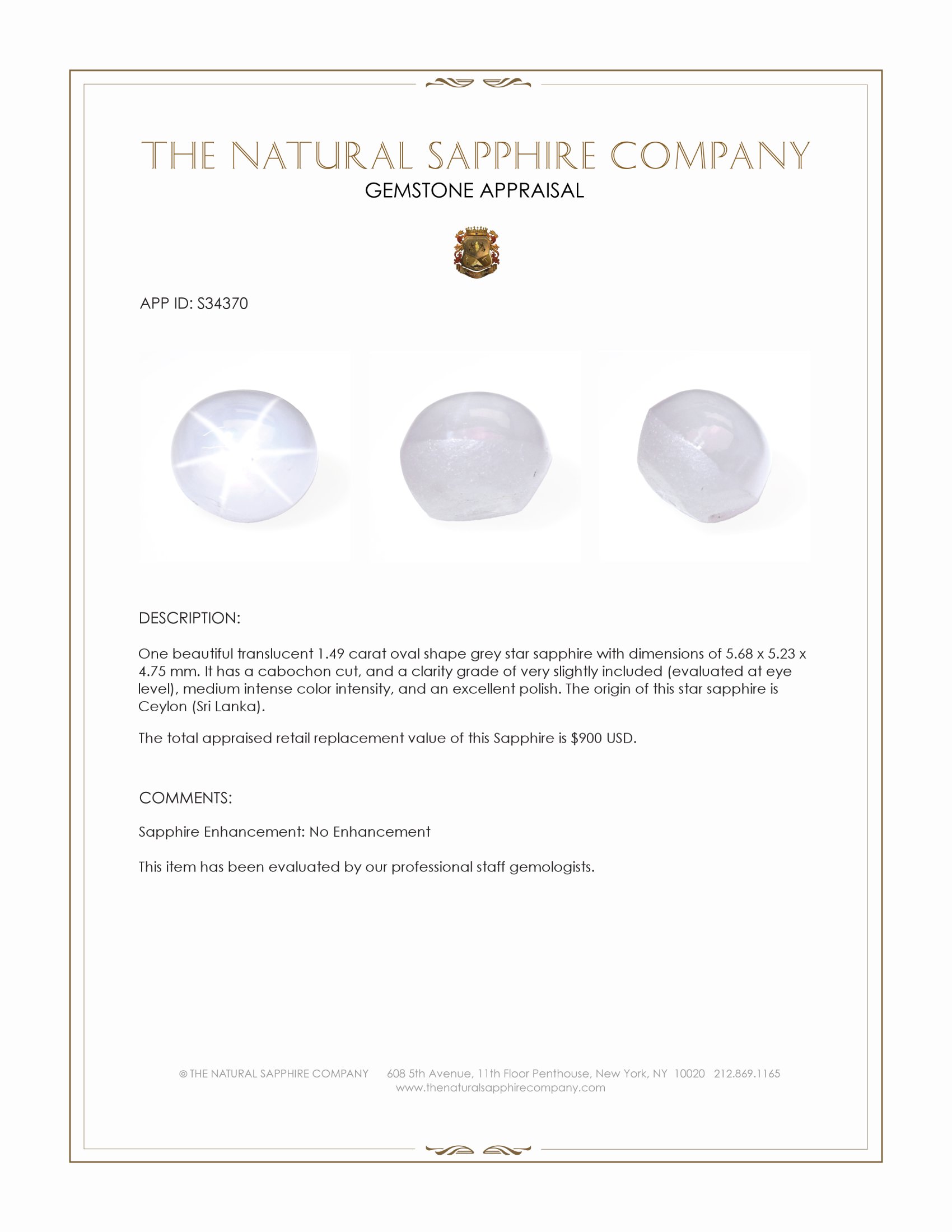 1.49 Ct. White Star Sapphire from Ceylon (Sri Lanka)