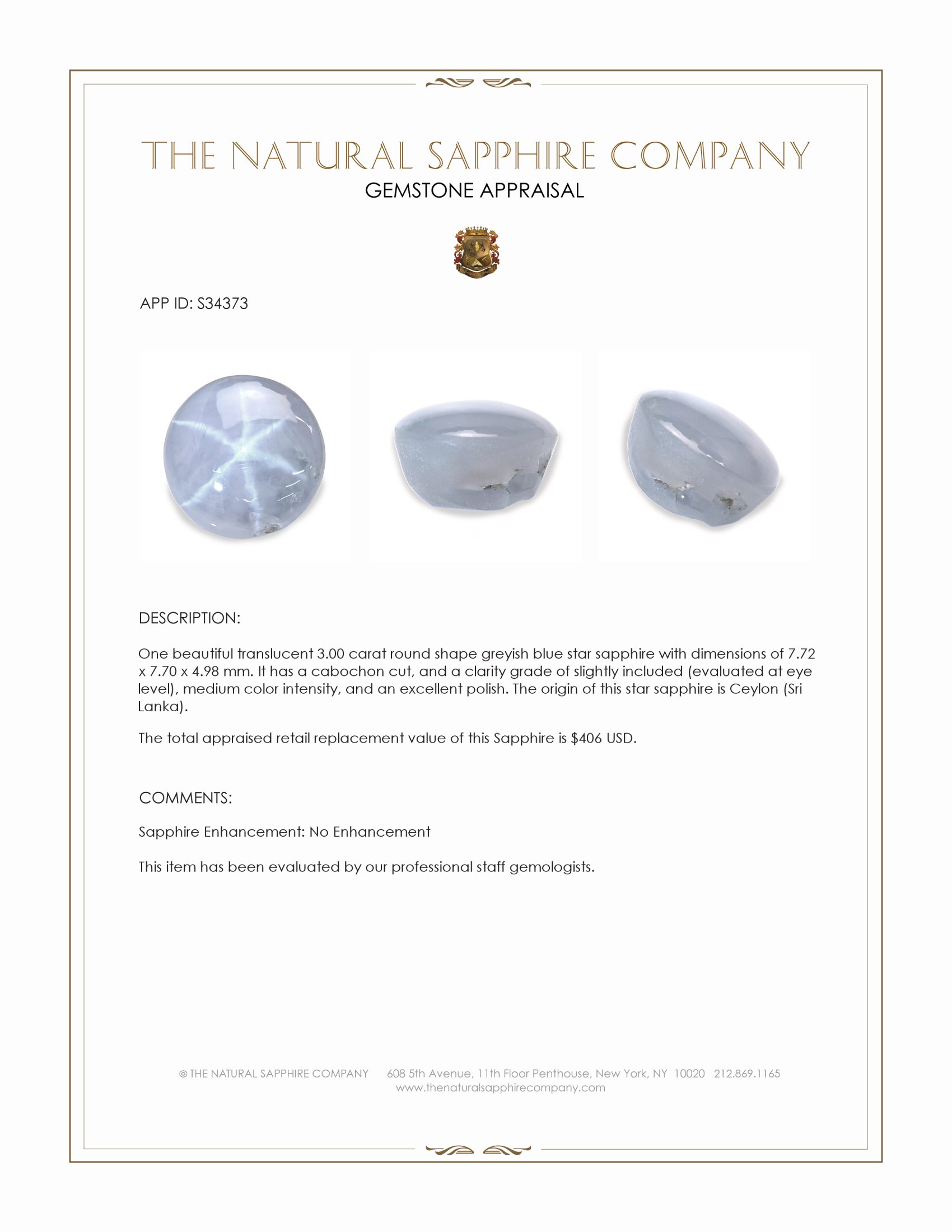 3.00 Ct. Greyish Blue Star Sapphire from Ceylon (Sri Lanka)