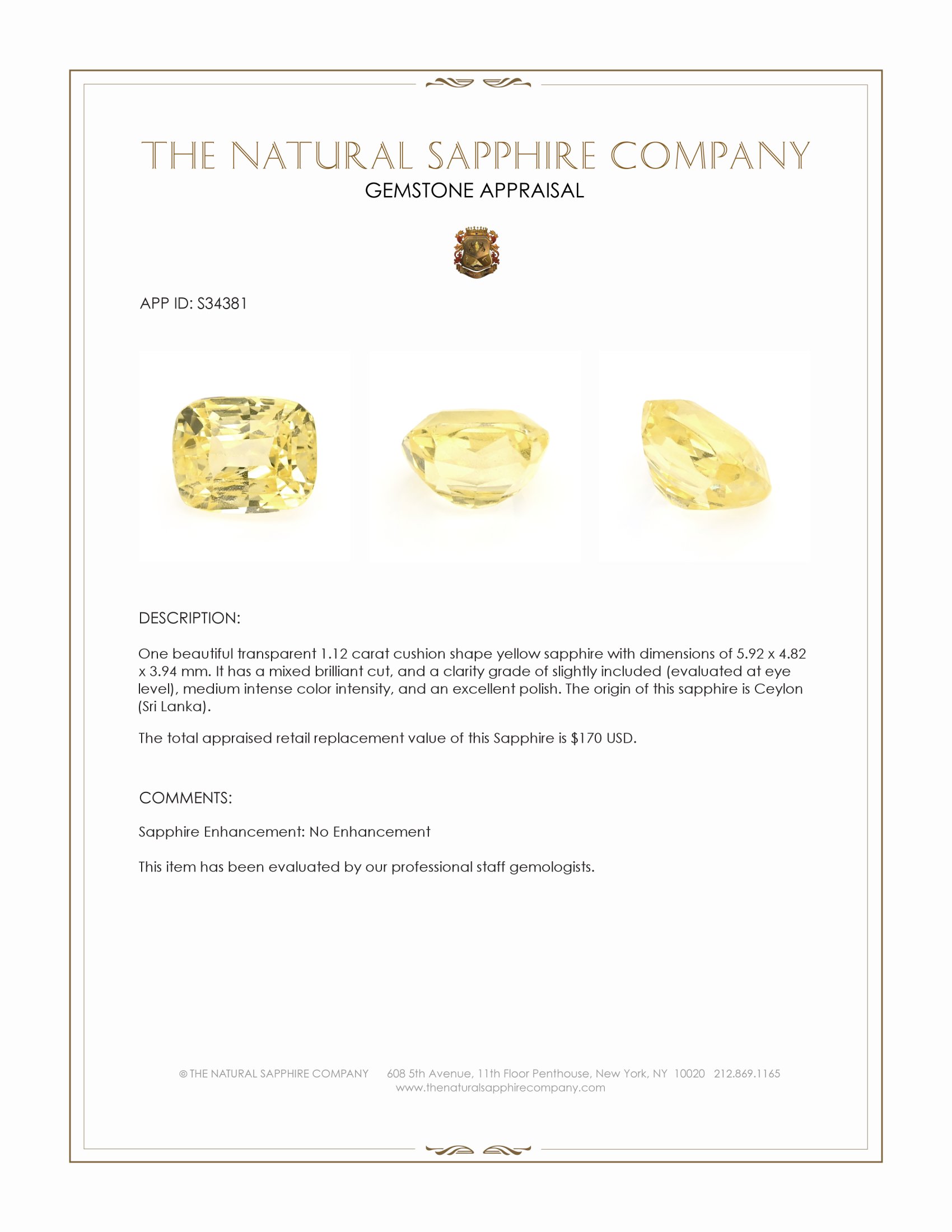 1.12 Ct. Yellow Sapphire from Ceylon (Sri Lanka)