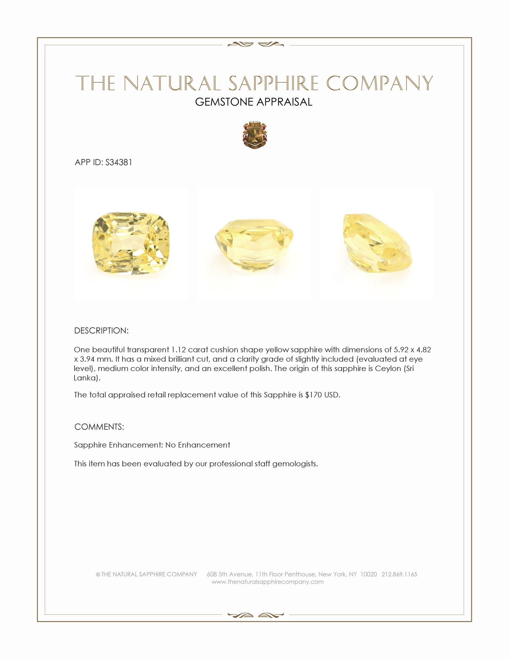 1.12 Ct. Yellow Sapphire from Ceylon (Sri Lanka)