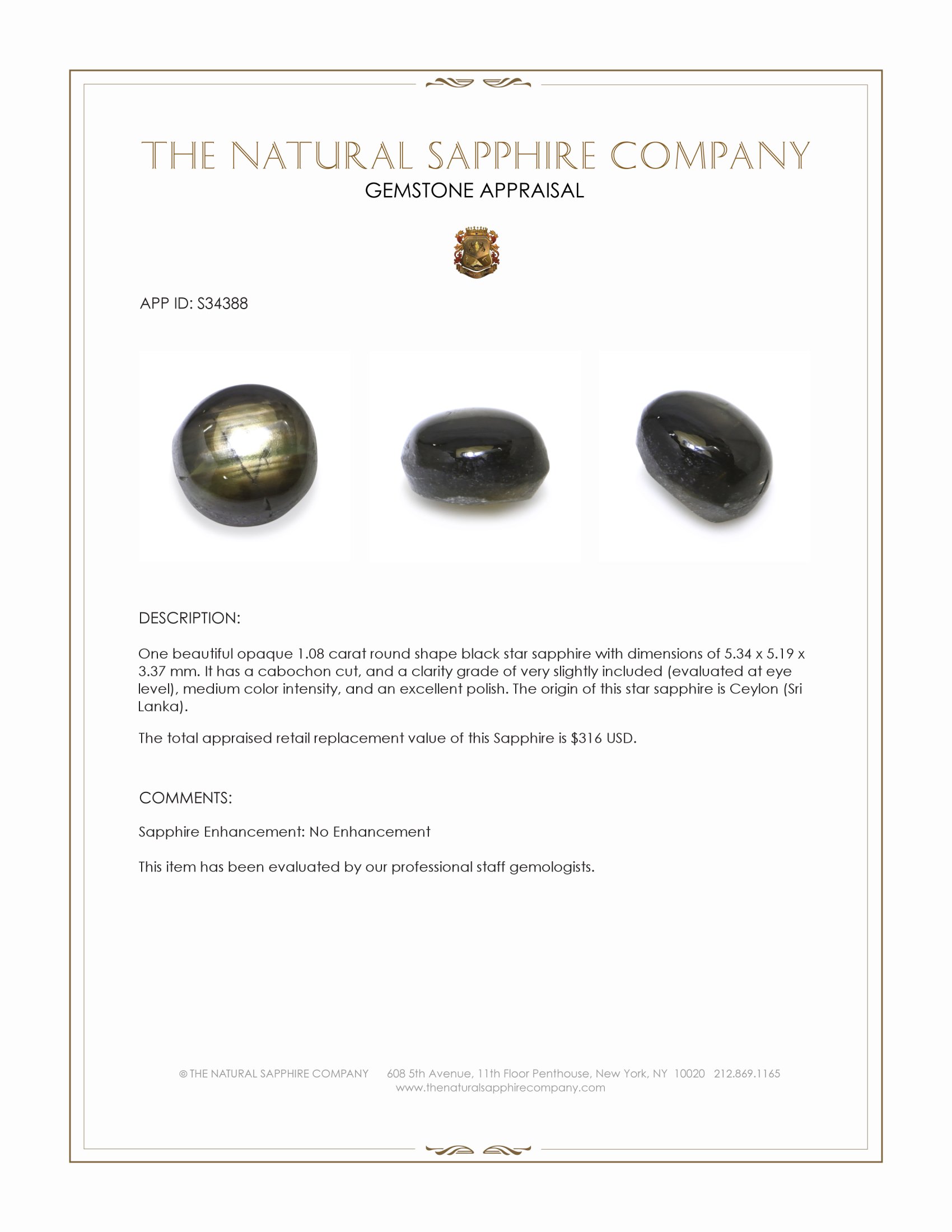 1.08 Ct. Black Star Sapphire from Ceylon (Sri Lanka)